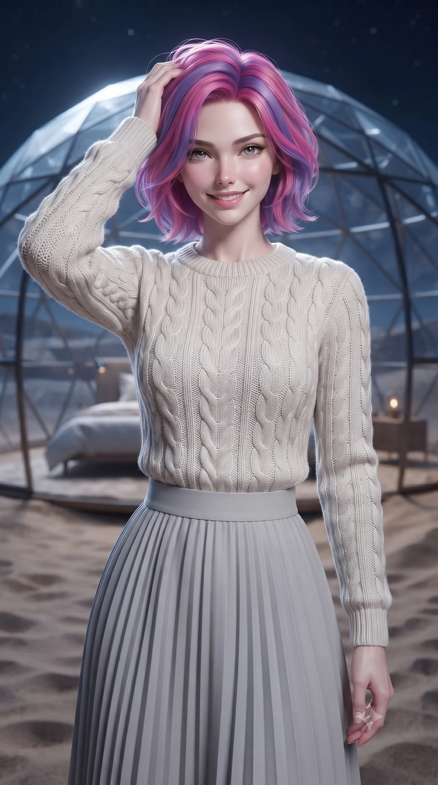 score_9, masterpiece, best quality, ultra-detailed, high-budget anime keyframe, editorial fashion photography, tasteful artistic composition, Caucasian woman. close-up cowboy shot from the waist and thighs up, the character dominates the composition, filling the frame with her large presence, background elements kept in soft focus. smiling with quiet, magnetic self-assurance directly into the camera, running a hand through her hair the background shows a soft-focus a private glass dome bedroom built in the middle of a vast sand desert at night. She has an exceptionally elegant, slender, and willowy female figure with an ultra-slim waist, a gracefully sculpted slender torso, and a refined silhouette. sharp v-shaped jawline, high-bridge nose, intricate jewel-like eyes with depth, thick eyelashes, glossy lips with a natural sheen. wearing a slim-fit cozy cable-knit knit sweater in ivory wool, paired with a pleated light grey midi skirt. soft silver moonlight wrapping her silhouette in a cool cosmic glow. ultra-reflective glossy finish, specular highlights, metallic sheen, high-contrast stereoscopic depth, volumetric dynamic lighting, 2k, ultra detail, master piece, 9:16 ratio