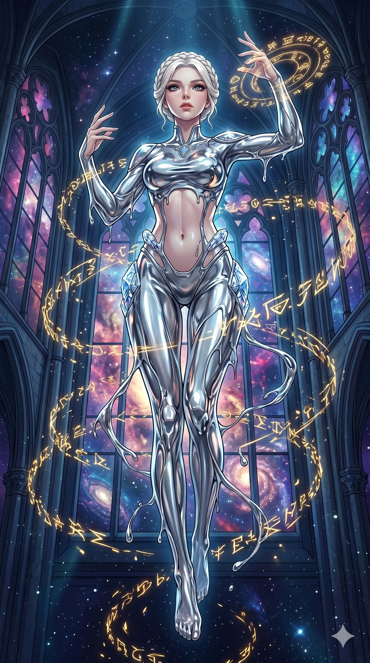 score_9, masterpiece, best quality, ultra-detailed, High-budget Anime Keyframe, vibrant colors, fluid line-art, expressive lighting, cinematic composition, Ufotable-style visual effects, top-tier animation quality, Korean woman with idol-like refined features. Low angle cowboy shot filling the entire 9:16 frame with her statuesque presence, looking up to emphasize her height. Performing a high-speed mystical ritual in a temple of pure light, her body surrounded by orbiting golden runes and symbols. She has an absolutely perfect 8-heads proportion, an exceptionally tall and slender female figure with impossibly long slender legs and an ultra-slim waist, her statuesque height and towering silhouette dominating the vertical 9:16 frame. Her face is a masterpiece featuring a sharp v-shaped jawline, high-bridge nose, intricate jewel-like eyes with depth, thick eyelashes, and glossy lips with a natural sheen. She is wearing a Futuristic pilot suit with an exposed midriff and a high-cut structural frame crafted from Molten liquid mercury that flows and reflects the environment with metallic perfection, featuring a crystalline structure that catches the light and reveals her slender frame. The scene is set in a majestic gothic cathedral in deep space with massive windows overlooking a swirling nebula, illuminated by underwater caustic lighting with ripples of light dancing across her body. 2k, ultra detail, master piece, 9:16 ratio