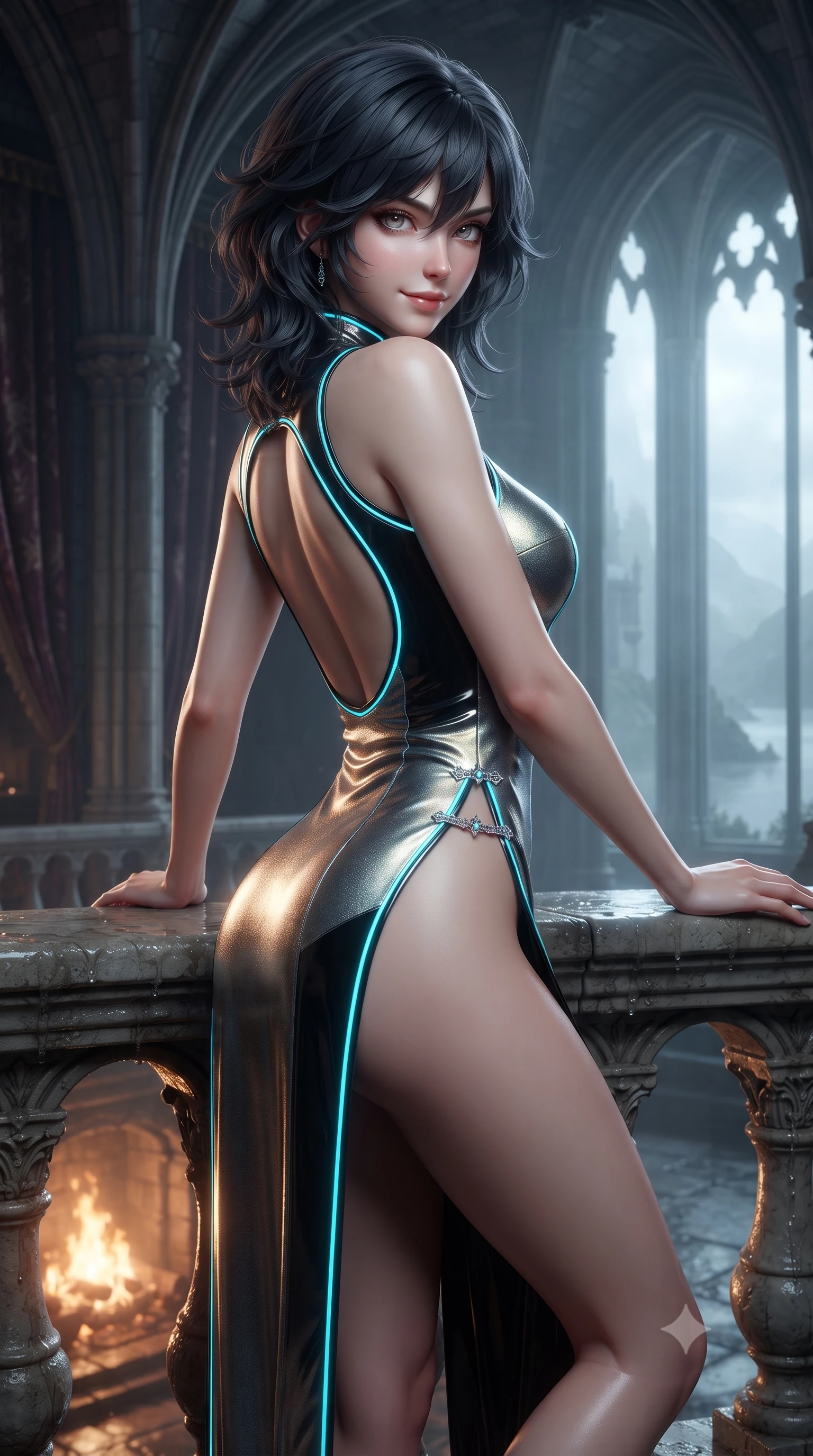 score_9, masterpiece, best quality, ultra-detailed, high-budget anime keyframe, editorial fashion photography, tasteful artistic composition, Caucasian woman. close-up cowboy shot from the waist and thighs up, the character dominates the composition, filling the frame with her large presence. turning over a bare shoulder with an intoxicating, teasing smile, her soft hair framing her sharp jawline as her hips angle gracefully while leaning against the damp carved limestone terrace balustrade overlooking misty Scottish lochs, arching her lower back in an alluring S-curve as wind flutters her dress. The composition keeps background elements in soft focus with creamy bokeh. towering gothic stone rib vaults and heavy velvet tapestries softened in moody shallow focus. She has an exceptionally elegant, slender, and willowy female figure with an ultra-slim waist, flat toned midriff, narrow ribcage, and sculpted feminine hips creating an alluring, slim hourglass silhouette without bulk. sharp v-shaped jawline, high-bridge nose, intricate jewel-like eyes with depth, thick eyelashes, glossy parted lips with a natural sheen, intensely captivating and seductive bedroom-eyes expression, flawlessly proportioned anatomical accuracy, strict slender model proportions, natural body alignment, perfectly sculpted long slender limbs, ultra-slim waistline, clean dynamic posture without body distortion. wearing a modernized cyber-qipao mini dress with an ultra-high side slit ascending to the hip and glowing piping in electric cyan and high-gloss lacquer black, crafted from luxurious metallic lamé that shifts radiance with every step, finished with an ultra-high side slit secured by miniature jeweled clasps, the precision-cut side openings and low-back scoop framing her graceful spine and the sensual sweep of her slim, toned hips. bathed in roaring stone hearth firelight from below and cool misty daylight streaming from towering castle windows. ultra-reflective glossy finish, specular highlights, rich textural contrasts, high-contrast stereoscopic depth, volumetric dynamic lighting, 2k, ultra detail, master piece, 9:16 ratio
