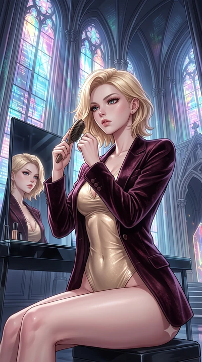 score_9, masterpiece, best quality, ultra-detailed, High-budget Anime Keyframe, Caucasian woman, strictly human ears. Low angle cowboy shot filling the entire 9:16 frame with her statuesque presence. Scenario 407: brushing her hair while seated befor