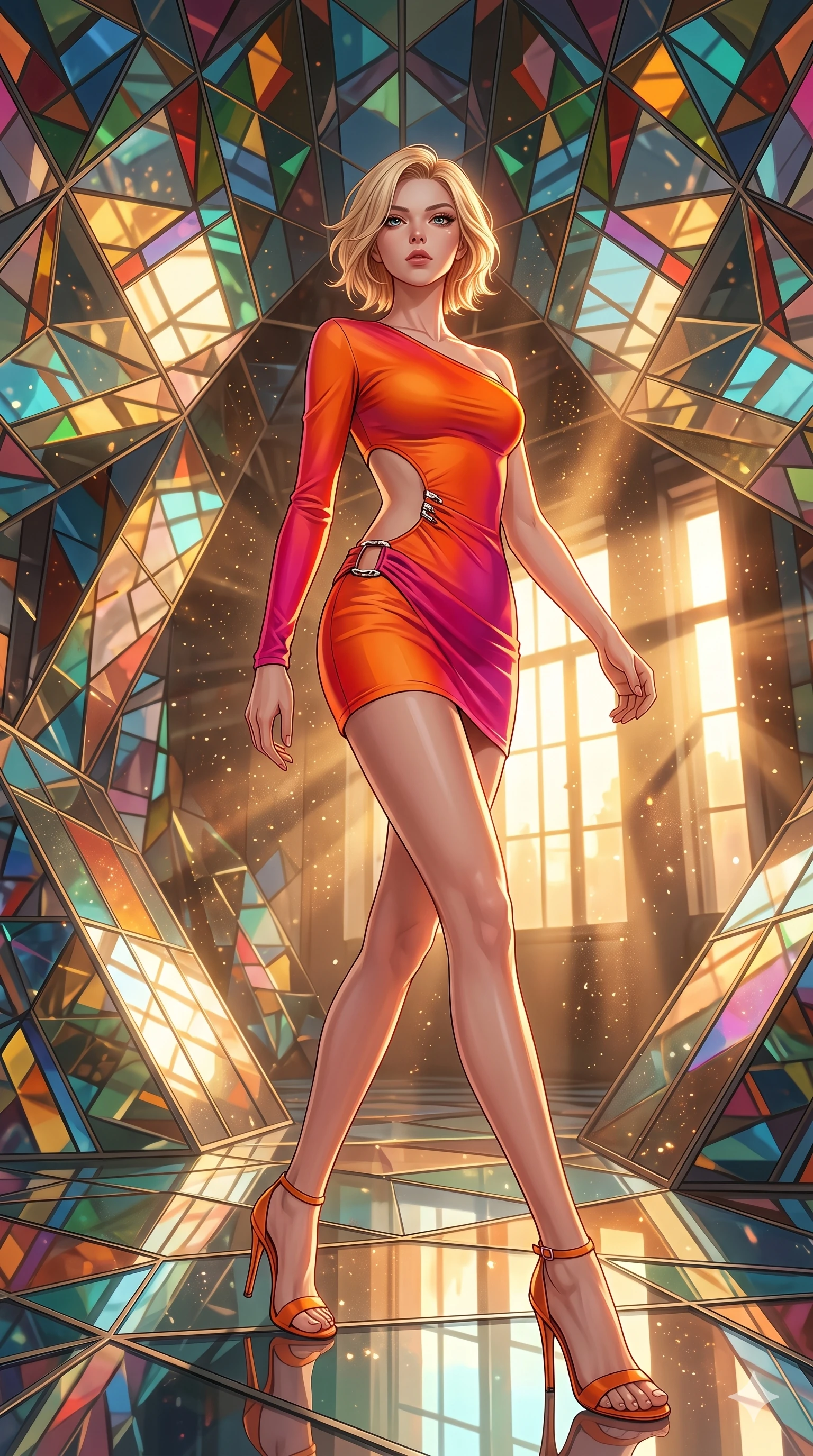 score_9, masterpiece, best quality, ultra-detailed, high-budget anime keyframe, editorial fashion photography, tasteful artistic composition, Caucasian woman, strictly human ears. low angle full-body shot from head to toe showing her feet, filling the entire 9:16 vertical frame with her statuesque presence, stretching her vertical silhouette. striking a commanding pose within walking through the interior of a building-sized kaleidoscope where angled mirrors multiply geometric patterns of colored glass into infinite symmetrical fractals stretching in every direction. She has a statuesque 8.5-heads proportion, an exceptionally tall, slender and willowy model-like build with impossibly long legs and a highly sculpted ultra-slim waist. sharp v-shaped jawline, high-bridge nose, intricate jewel-like eyes with depth, thick eyelashes, glossy lips with a natural sheen. wearing an asymmetric one-sleeve mini dress in a bright orange and fuchsia gradient, with a dramatic side cutout and chrome buckle detailing. golden hour sunlight streaming in warm shafts with floating dust particles catching the light. 2k, ultra detail, master piece, 9:16 ratio