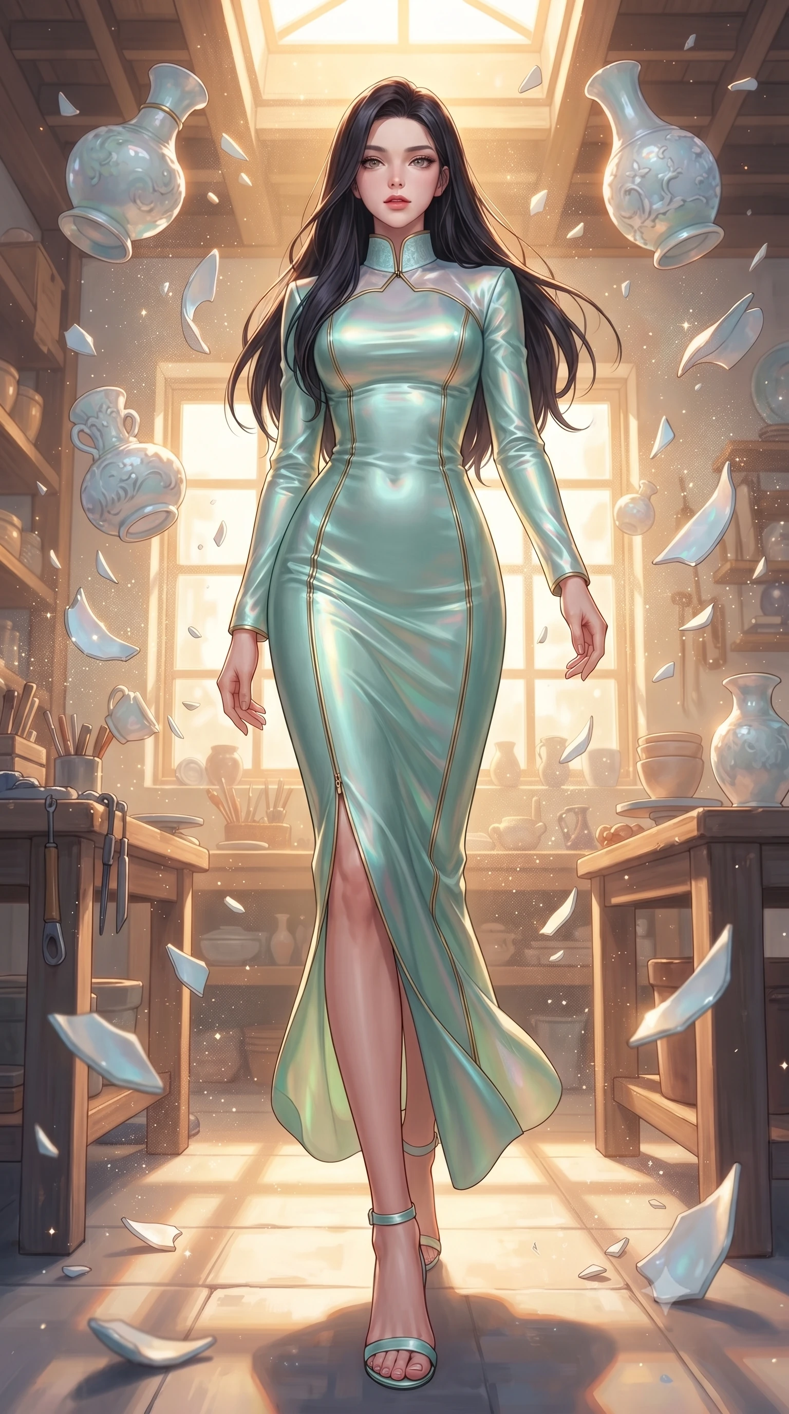 score_9, masterpiece, best quality, ultra-detailed, high-budget anime keyframe, editorial fashion photography, tasteful artistic composition, Korean woman. low angle full-body shot from head to toe showing her feet, filling the entire 9:16 vertical frame with her statuesque presence, stretching her vertical silhouette. forging confidently through the floating crystal mist, holding a poised statuesque stance, inside a sunlit artisan workshop filled with floating opal-glazed porcelain sculptures, shattered porcelain shards suspended gracefully in zero-gravity. She has an absolutely perfect, statuesque 8.5-heads proportion, an exceptionally tall and slender model-like female figure with impossibly long slender legs and an ultra-slim waist. sharp v-shaped jawline, high-bridge nose, intricate jewel-like eyes with depth, thick eyelashes, glossy lips with a natural sheen. wearing long-sleeved seafoam green satin gown with high structured collar in pale opal seafoam, made of iridescent hologram organza, finished with metallic gold boning and sleek zipper points, accentuating her gracefully sculpted slender torso. lit by sharp golden key rays highlighting porcelain glaze textures. highly saturated vibrant anime colors, detailed shading with soft gradients, rich glossy textures, high-contrast stereoscopic depth, volumetric dynamic lighting, master piece, 9:16 ratio