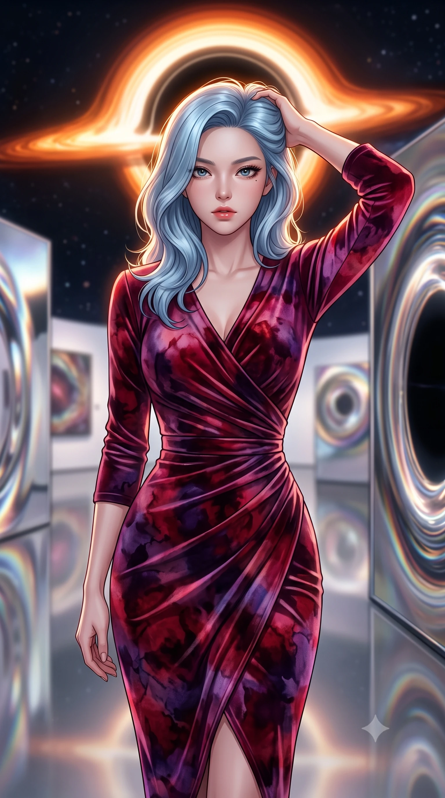 score_9, masterpiece, best quality, ultra-detailed, high-budget anime keyframe, editorial fashion photography, tasteful artistic composition, Korean woman. close-up cowboy shot from the waist and thighs up, the character dominates the composition, filling the frame with her large presence, background elements kept in soft focus. Placing one hand behind her head with confident body language and a direct stare. set against a soft-focus background of a gallery positioned at the edge of a black hole where extreme gravity bends light around mirrors creating impossible reflections of infinity with space-time visibly warping and stretching near each polished surface. She has an exceptionally elegant and slender, willowy female figure with an ultra-slim waist, a gracefully sculpted slender torso, and a refined slim physique. sharp v-shaped jawline, high-bridge nose, intricate jewel-like eyes with depth, thick eyelashes, glossy lips with a natural sheen. wearing a wrap-front fitted midi dress in deep crimson and violet watercolor velvet, drawing focus to her slender waist. gravitationally lensed light creating distorted halos and Einstein rings around every reflective surface with the accretion disk providing an intense orange rim of light. 2k, ultra detail, master piece, 9:16 ratio