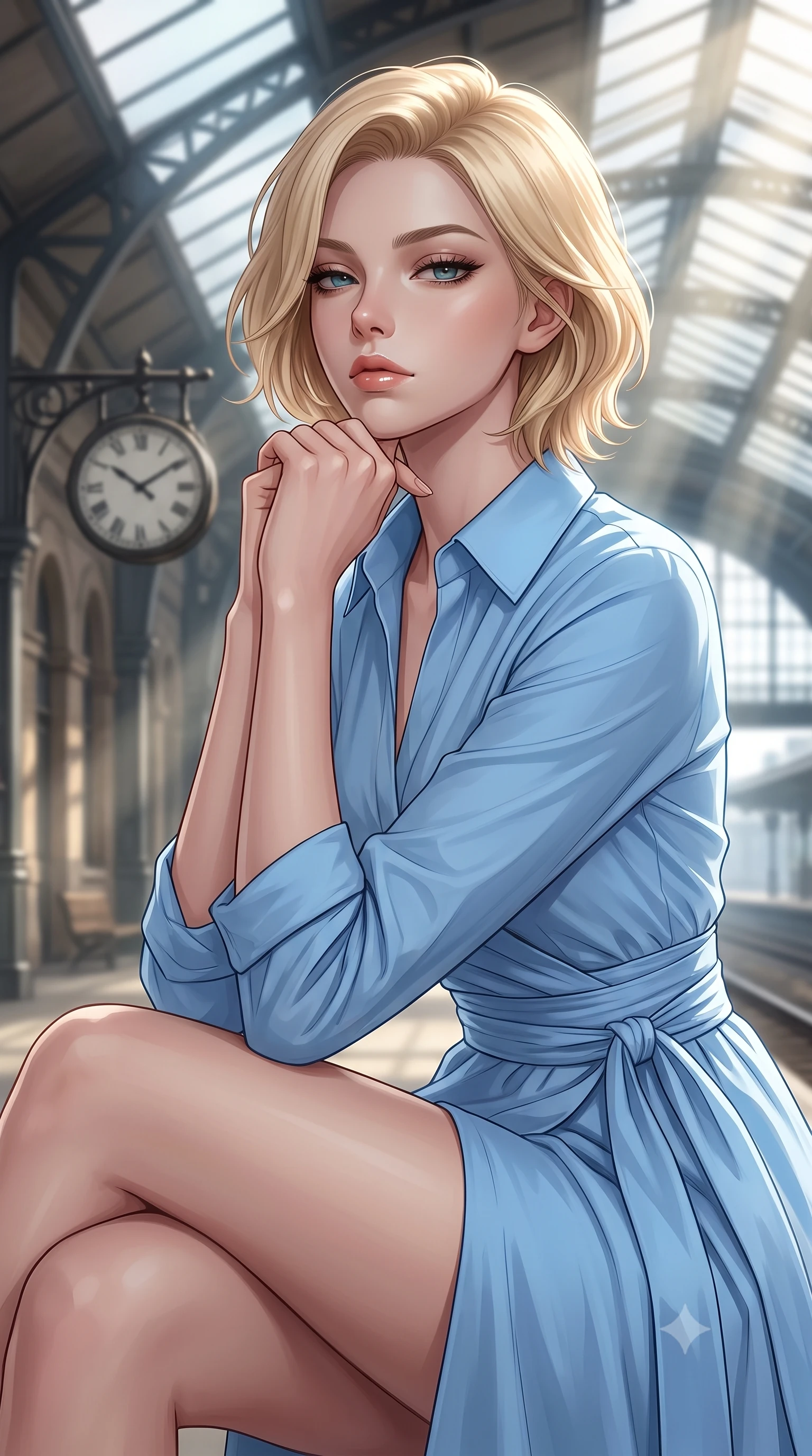 score_9, masterpiece, best quality, ultra-detailed, high-budget anime keyframe, editorial fashion photography, tasteful artistic composition, Caucasian woman woman. close-up cowboy shot from the waist and thighs up, the character dominates the composition, filling the frame with her large presence, background elements kept in soft focus. resting her chin on the backs of her fingers, casting a heavy-lidded, sultry look past the camera the background shows a soft-focus a historic train station platform built of iron and glass, with a classic clock hanging. She has an exceptionally elegant, slender, and willowy female figure with an ultra-slim waist, a gracefully sculpted slender torso, and a refined silhouette. sharp v-shaped jawline, high-bridge nose, intricate jewel-like eyes with depth, thick eyelashes, glossy lips with a natural sheen. wearing a tailored tailored cotton wrap shirt dress in sky blue with a neat collar and structured waist tie. morning sunrays cutting through the glass roof, creating volumetric light shafts. 2k, ultra detail, master piece, 9:16 ratio