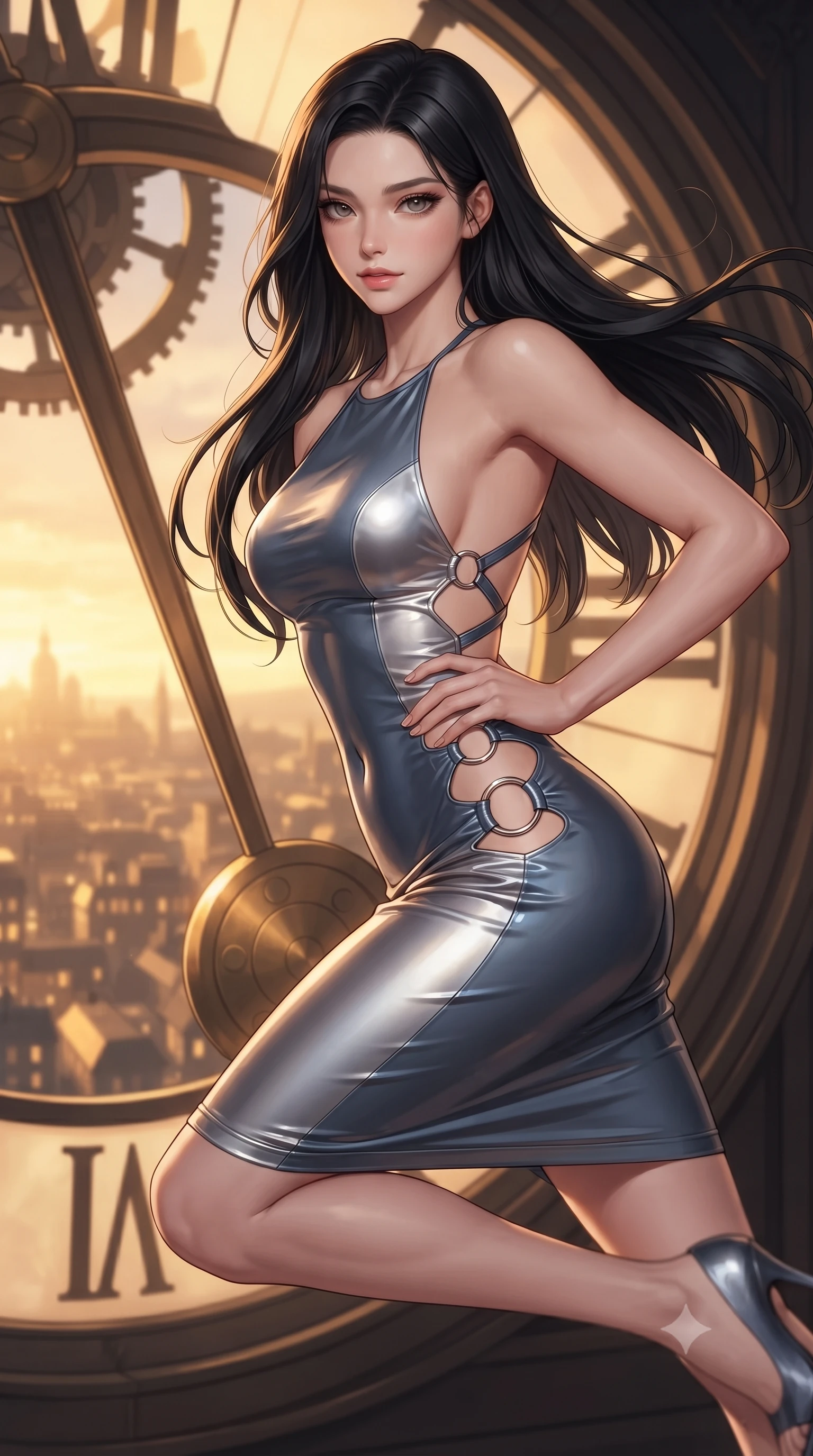 score_9, masterpiece, best quality, ultra-detailed, high-budget anime keyframe, editorial fashion photography, tasteful artistic composition, Korean woman. close-up cowboy shot from the waist and thighs up, the character dominates the composition, filling the frame with her large presence, background elements kept in soft focus. Holding a powerful dynamic pose with one hand on her hip and body angled dramatically toward the key light while leaping through the arc of a massive mechanical clock pendulum swinging over a golden city, dramatic twilight amber light streaming through a massive clock tower window. She has an exceptionally elegant, slender, and willowy female figure with an ultra-slim waist, a gracefully sculpted slender torso, and a refined silhouette. sharp v-shaped jawline, high-bridge nose, intricate jewel-like eyes with depth, thick eyelashes, glossy lips with a natural sheen, flawlessly proportioned anatomical accuracy, natural body alignment, perfectly sculpted elegant limbs, clean dynamic posture without body distortion. wearing a deep-scoop halter bodycon dress with hip cutouts connected by silver rings in slate blue and metallic silver, tailored from high-gloss patent leather, complemented by criss-cross back straps highlighting her bare shoulders, the glove-like fit emphasizing her statuesque silhouette during motion. illuminated by a brilliant golden hour glow filtering through clockwork dials. ultra-reflective glossy finish, specular highlights, metallic sheen, high-contrast stereoscopic depth, volumetric dynamic lighting, 2k, ultra detail, master piece, 9:16 ratio