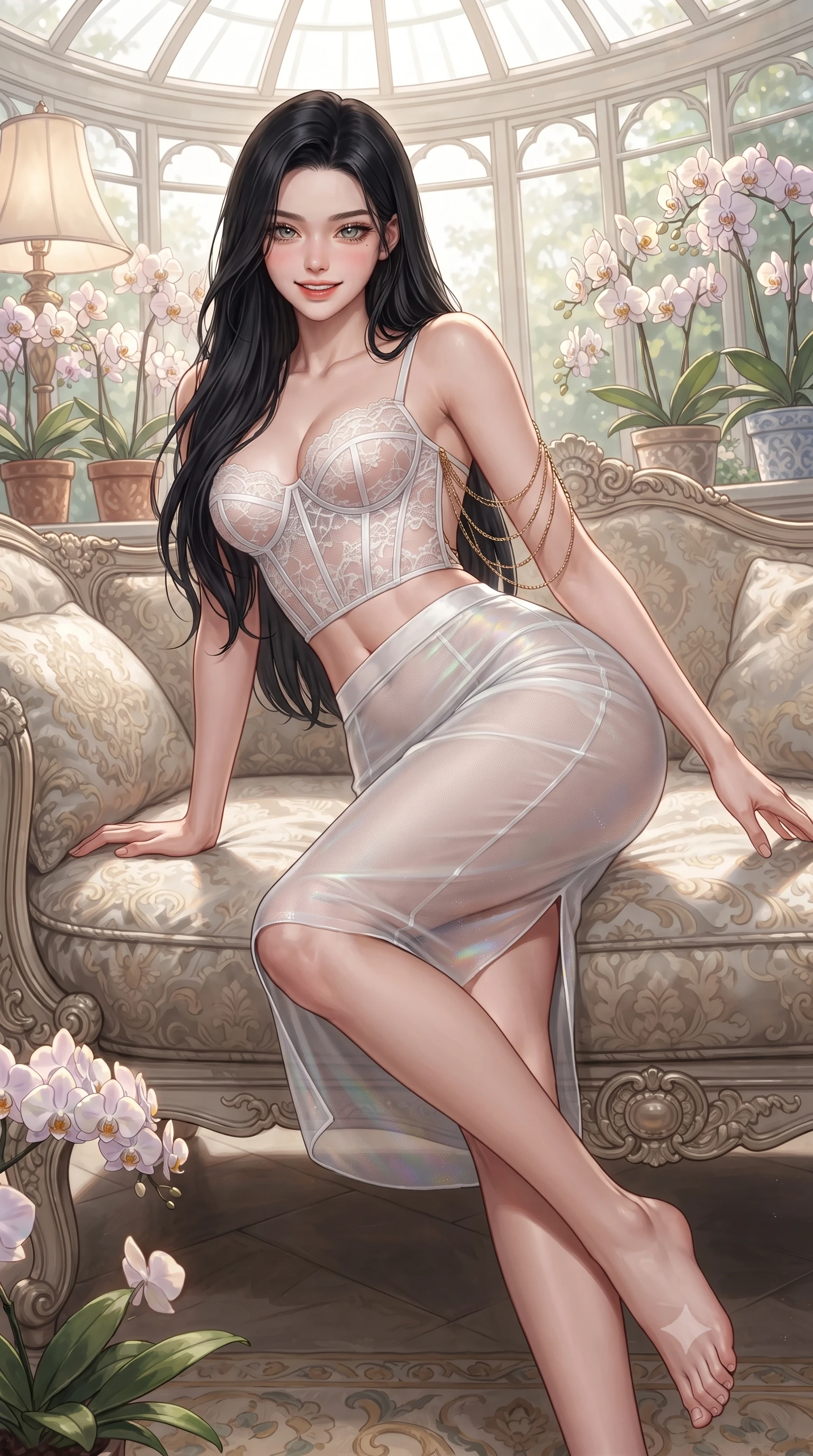 score_9, masterpiece, best quality, ultra-detailed, high-budget anime keyframe, editorial fashion photography, tasteful artistic composition, Korean woman. low angle full-body shot from head to toe showing her feet, filling the entire 9:16 vertical frame with her statuesque presence, stretching her vertical silhouette. lounging on the lavish daybed with legs crossed and hips angled toward the camera, displaying her toned midriff and long slender limbs with effortless siren poise while twisting her slender torso in an alluring S-curve beside the lush potted orchids, soft floor lamp glows tracing her narrow waist and hips. The surrounding environment is rendered in vivid detail and crisp panoramic clarity: detailed sculpted underwire bustier in sheer noir lace, velvet piping, and vintage conservatory craft in razor-sharp precision. She has an exceptionally tall and slender model-like 8.5-heads proportion, an ultra-slim waist, a flat toned midriff, narrow delicate ribcage, and beautifully sculpted feminine hips creating a graceful, slim hourglass silhouette without any bulky heaviness, with impossibly long slender legs. sharp v-shaped jawline, high-bridge nose, intricate jewel-like sparkling eyes with depth, thick eyelashes, glossy parted lips with a natural peach sheen, bright cheerful beaming smile with an enchanting and coquettish sensual glint, exuding both youthful cute charm and seductive allure, flawlessly proportioned anatomical accuracy, strict slender model proportions, natural body alignment, perfectly sculpted long slender limbs, ultra-slim waistline, clean dynamic posture without body distortion. wearing a sculpted underwire corset in sheer frost-white Chantilly lace paired with a high-waisted sheer mesh pencil skirt with back slit in pure translucent crystal white and iridescent opal, crafted from fluid liquid silk satin that clings smoothly to her narrow waist and rounded hips with a dewy sheen, accented with an open-back drape framed by falling strands of delicate gold chains, the precision-cut side openings and low-back scoop framing her graceful spine and the sensual sweep of her slim, toned hips. illuminated by conservatory glass bounce and sharp champagne-gold rim lights sculpting her features, flat midriff, and slender waist. ultra-reflective glossy finish, specular highlights, rich textural contrasts, high-contrast stereoscopic depth, volumetric dynamic lighting, 2k, ultra detail, master piece, 9:16 ratio