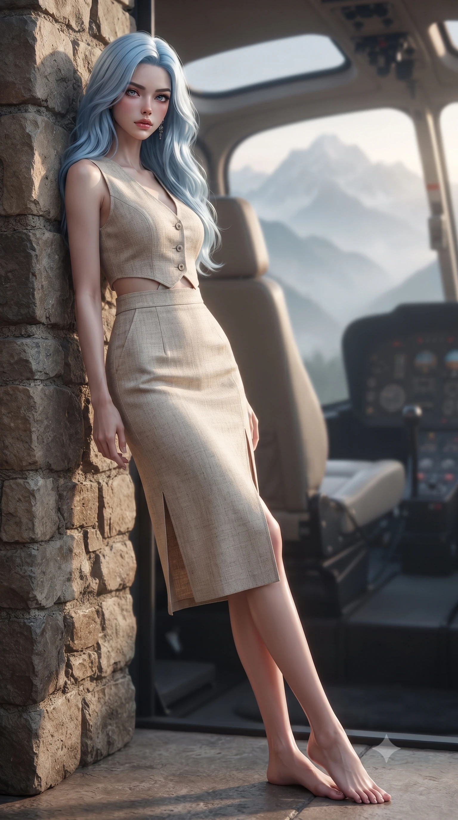 score_9, masterpiece, best quality, ultra-detailed, high-budget anime keyframe, editorial fashion photography, tasteful artistic composition, Korean woman. low angle full-body shot from head to toe showing her feet, filling the entire 9:16 vertical frame with her statuesque presence, stretching her vertical silhouette. leaning back against a rustic stone wall, casting a slow, alluring gaze at the camera the background shows a soft-focus the passenger seat of a helicopter facing a misty mountain range at dawn. She has an absolutely perfect, statuesque 8.5-heads proportion, an exceptionally tall and slender model-like female figure with impossibly long slender legs and an ultra-slim waist. sharp v-shaped jawline, high-bridge nose, intricate jewel-like eyes with depth, thick eyelashes, glossy lips with a natural sheen. wearing a tailored tailored vacation outfit of a linen crop vest and a matching side-slit midi skirt, revealing a subtle waist cutout. soft morning mist diffusing the sunlight, creating a tranquil atmosphere. ultra-reflective glossy finish, specular highlights, metallic sheen, high-contrast stereoscopic depth, volumetric dynamic lighting, 2k, ultra detail, master piece, 9:16 ratio
