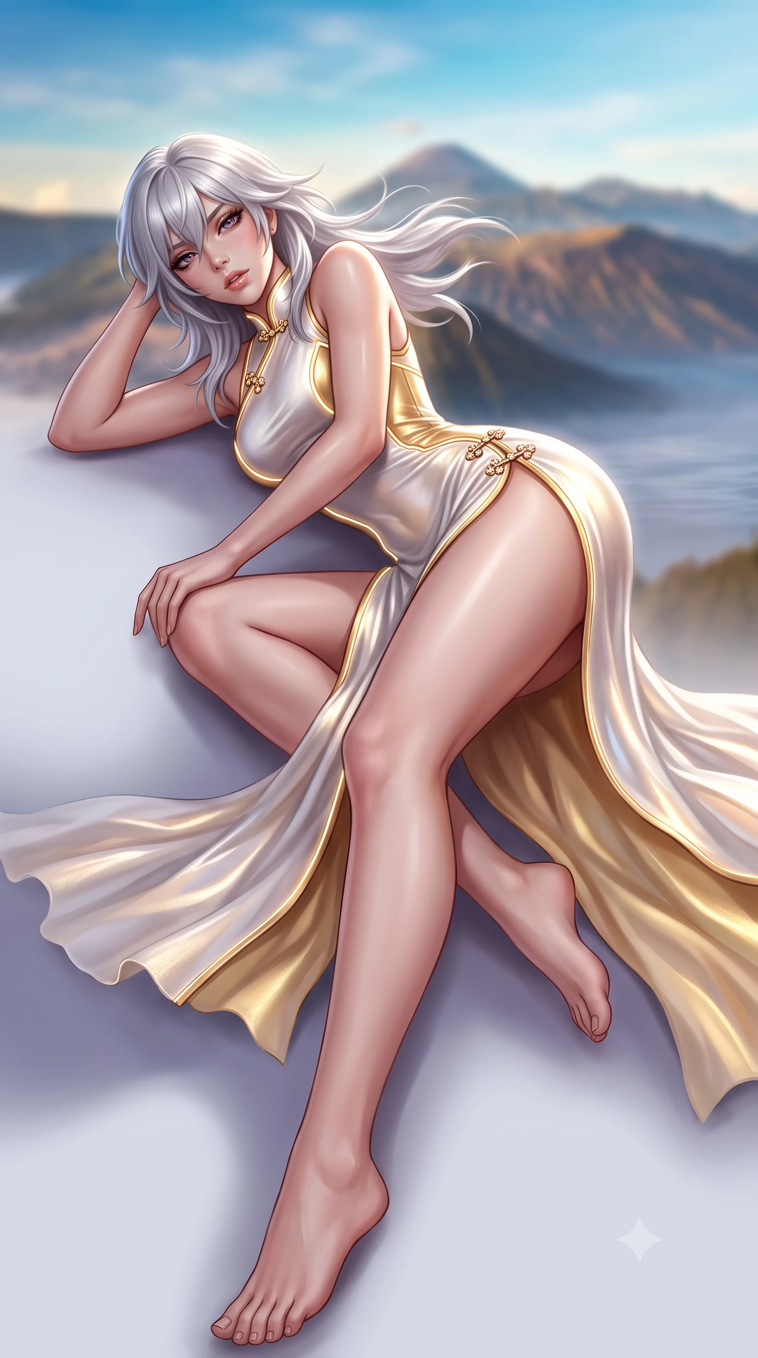 score_9, masterpiece, best quality, ultra-detailed, high-budget anime keyframe, semi-realistic 3D game render, editorial fashion photography, tasteful artistic composition, Japanese woman. low angle full-body shot from head to toe showing her feet, filling the entire 9:16 vertical frame with her statuesque presence, stretching her vertical silhouette. reclining on her side in an elegant Cleopatra pose with one knee drawn up, the dramatic contour of her rounded hips and long slender legs commanding the 9:16 vertical frame while turning in an alluring dancer S-curve as her gossamer dress catches the high-altitude Andean wind, creating an intoxicating silhouette between two skies. The composition keeps background elements in soft focus with creamy bokeh. distant Andean volcanic peaks and paper-thin water ripples softened in surreal shallow focus. She has an exceptionally tall and slender model-like 8.5-heads proportion, an ultra-slim waist, a flat toned midriff, narrow delicate ribcage, and beautifully sculpted feminine hips creating a graceful, slim hourglass silhouette without any bulky heaviness, with impossibly long slender legs. sharp v-shaped jawline, high-bridge nose, intricate jewel-like eyes with depth, thick eyelashes, glossy parted lips with a natural sheen, intensely captivating and seductive bedroom-eyes expression, flawlessly proportioned anatomical accuracy, strict slender model proportions, natural body alignment, perfectly sculpted long slender limbs, ultra-slim waistline, clean dynamic posture without body distortion. wearing a modernized cyber-qipao mini dress with an ultra-high side slit ascending to the hip and glowing piping in pure alabaster white and sun-kissed gold, crafted from luxurious metallic lamé that shifts radiance with every step, finished with an ultra-high side slit secured by miniature jeweled clasps, the liquid-tight tailored fabric clinging flawlessly to her narrow waist and rounded feminine hips, emphasizing every millimeter of her sculpted slim hourglass curves without any bulky heaviness. illuminated by soft ambient celestial rim lighting sharply sculpting her razor-sharp jawline, narrow waist, and curvy hips. highly saturated vibrant anime colors, detailed shading with soft gradients, rich glossy textures, high-contrast stereoscopic depth, volumetric dynamic lighting, master piece, 9:16 ratio