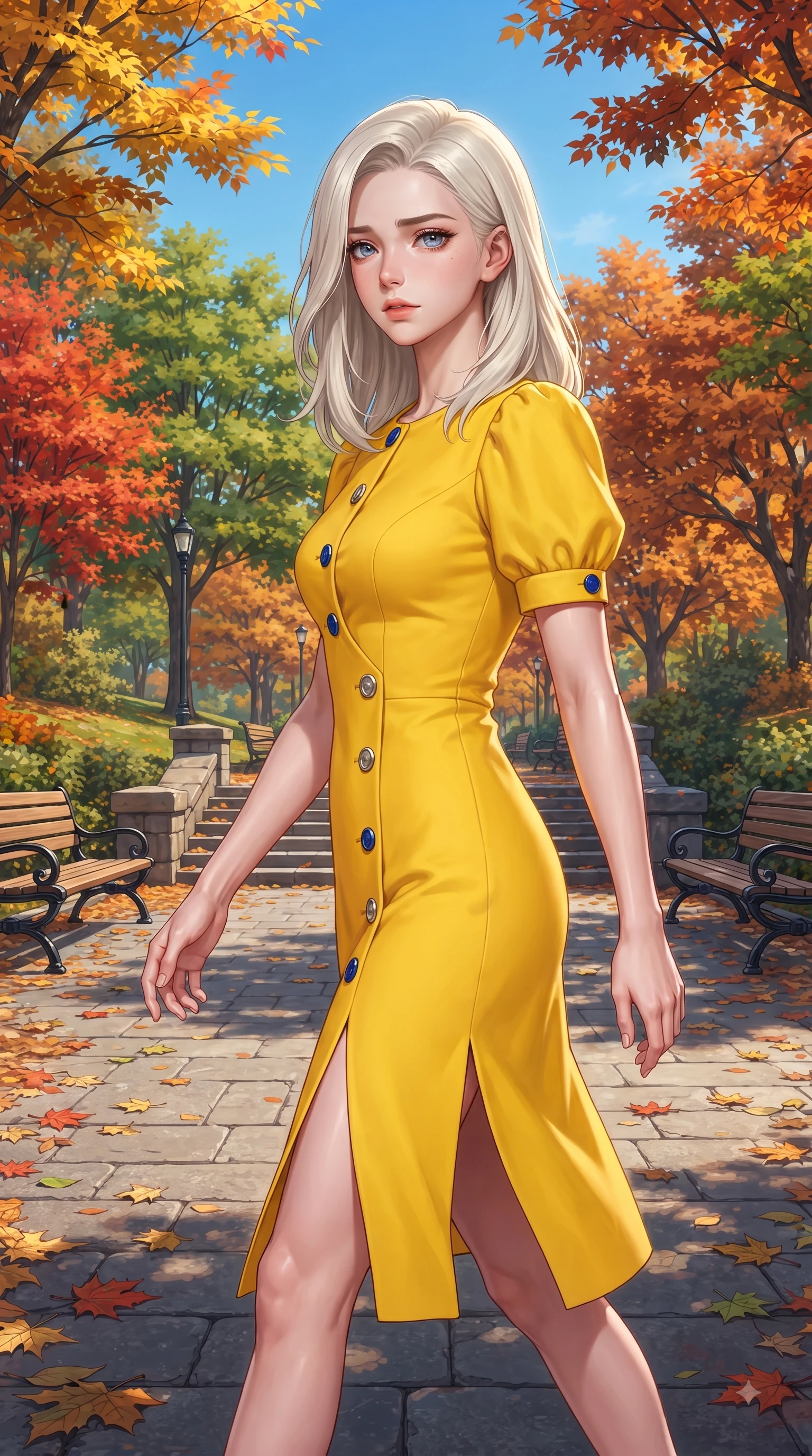 score_9, masterpiece, best quality, ultra-detailed, high-budget anime keyframe, editorial fashion photography, tasteful artistic composition, Caucasian woman. close-up cowboy shot from the waist and thighs up, the character dominates the composition, filling the frame with her large presence. Heart-tugging melancholic glance with a subtle drop of emotion in her eyes and a quiet wistful posture while stepping along a paved park path flanked by vibrant autumn trees under a clear blue sky. The surrounding environment is rendered in vivid detail and crisp panoramic clarity. intricate leaf vein textures, classic wooden park benches, and stone park paths in sharp resolution. She has an exceptionally elegant, slender, and willowy female figure with an ultra-slim waist, a gracefully sculpted slender torso, and a refined silhouette. sharp v-shaped jawline, high-bridge nose, intricate jewel-like eyes with depth, thick eyelashes, glossy lips with a natural sheen, flawlessly proportioned anatomical accuracy, natural body alignment, perfectly sculpted elegant limbs, clean dynamic posture without body distortion. wearing a bright canary yellow cotton sundress with short puff sleeves and wooden buttons in electric cobalt blue and polished silver accent, tailored from structured wool crepe with clean lines, finished with a sleek side slit ascending to mid-thigh, the sleek second-skin fit accentuating her magnetic presence. illuminated by bright glowing yellow ambient light and clear sky refractions. ultra-reflective glossy finish, specular highlights, metallic sheen, high-contrast stereoscopic depth, volumetric dynamic lighting, 2k, ultra detail, master piece, 9:16 ratio
