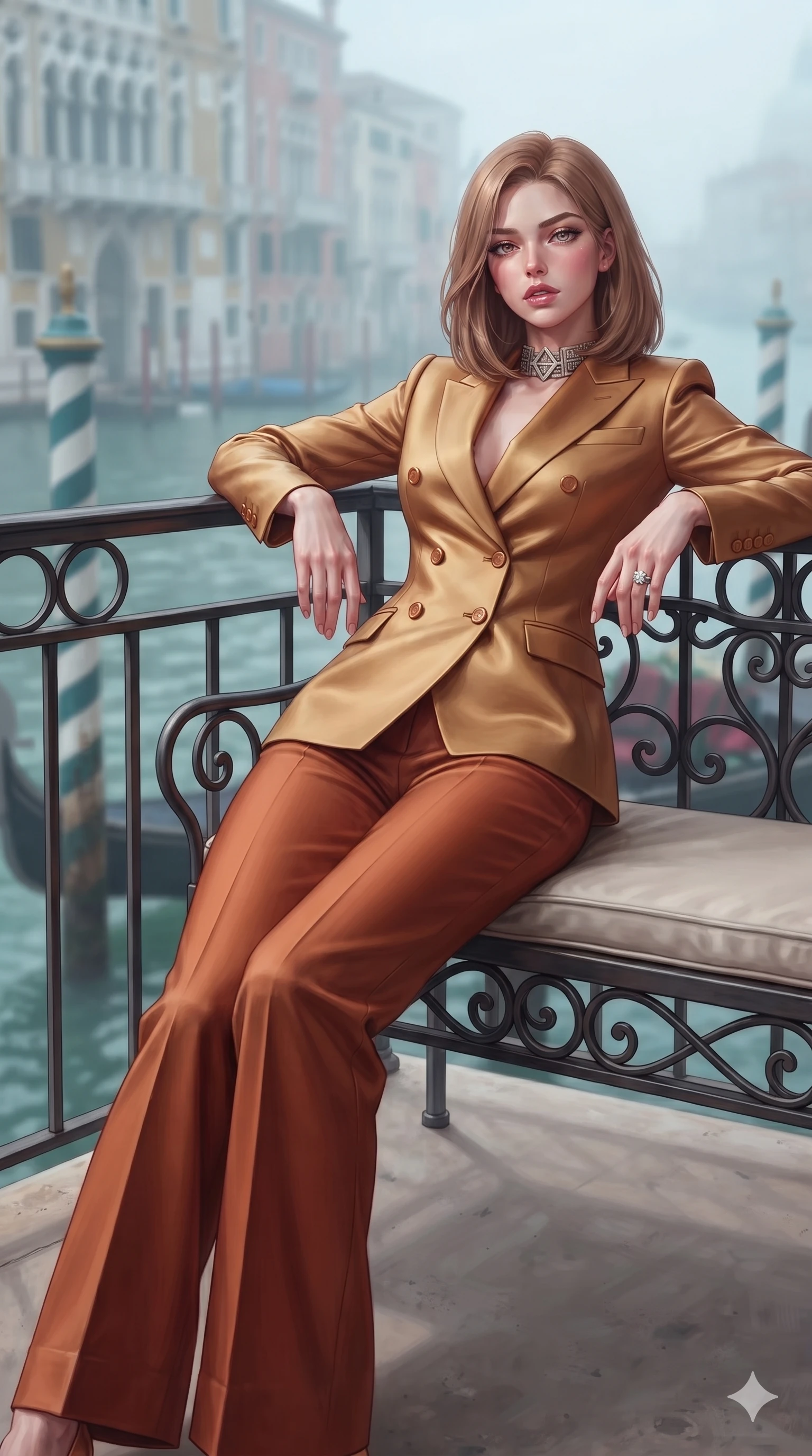 score_9, masterpiece, best quality, ultra-detailed, high-budget anime keyframe, semi-realistic 3D game render, editorial fashion photography, tasteful artistic composition, Korean woman. low angle full-body shot from head to toe showing her feet, filling the entire 9:16 vertical frame with her statuesque presence, stretching her vertical silhouette. leaning deep against the balcony balustrade with hips cocked back in an unapologetically alluring high-fashion stance, casting an intoxicating glance while lounging gracefully across a wrought-iron terrace settee, her flat midriff and feminine hips bathed in soft morning mist reflecting canal turquoise. The composition keeps background elements in soft focus with creamy bokeh: mist-veiled Grand Canal waters, striped wooden gondola mooring poles, and distant gothic palazzo facades blurred into aquamarine, rose, and misty silver bokeh. She has an exceptionally tall and slender model-like 8.5-heads proportion, an ultra-slim waist, a flat toned midriff, narrow delicate ribcage, and beautifully sculpted feminine hips creating a graceful, slim hourglass silhouette without any bulky heaviness, with impossibly long slender legs. sharp v-shaped jawline, high-bridge nose, intricate jewel-like eyes with depth, thick eyelashes, glossy parted lips with a natural sheen, intensely captivating and seductive bedroom-eyes expression, flawlessly proportioned anatomical accuracy, strict slender model proportions, natural body alignment, perfectly sculpted long slender limbs, ultra-slim waistline, clean dynamic posture without body distortion. wearing a bespoke tailored satin pantsuit with a double-breasted structured blazer and pressed wide-leg trousers in molten desert gold and burnt terracotta, tailored from water-resistant treated wool gabardine and flexible stretch silk, complemented by a bold geometric choker and sparkling cocktail ring, the impeccably tailored cut draping gracefully along her slender figure with aristocratic poise. highly saturated vibrant anime colors, detailed shading with soft gradients, crisp rim lighting defining her jawline, narrow waist, and curvy hips. highly saturated vibrant anime colors, detailed shading with soft gradients, rich glossy textures, high-contrast stereoscopic depth, volumetric dynamic lighting, master piece, 9:16 ratio