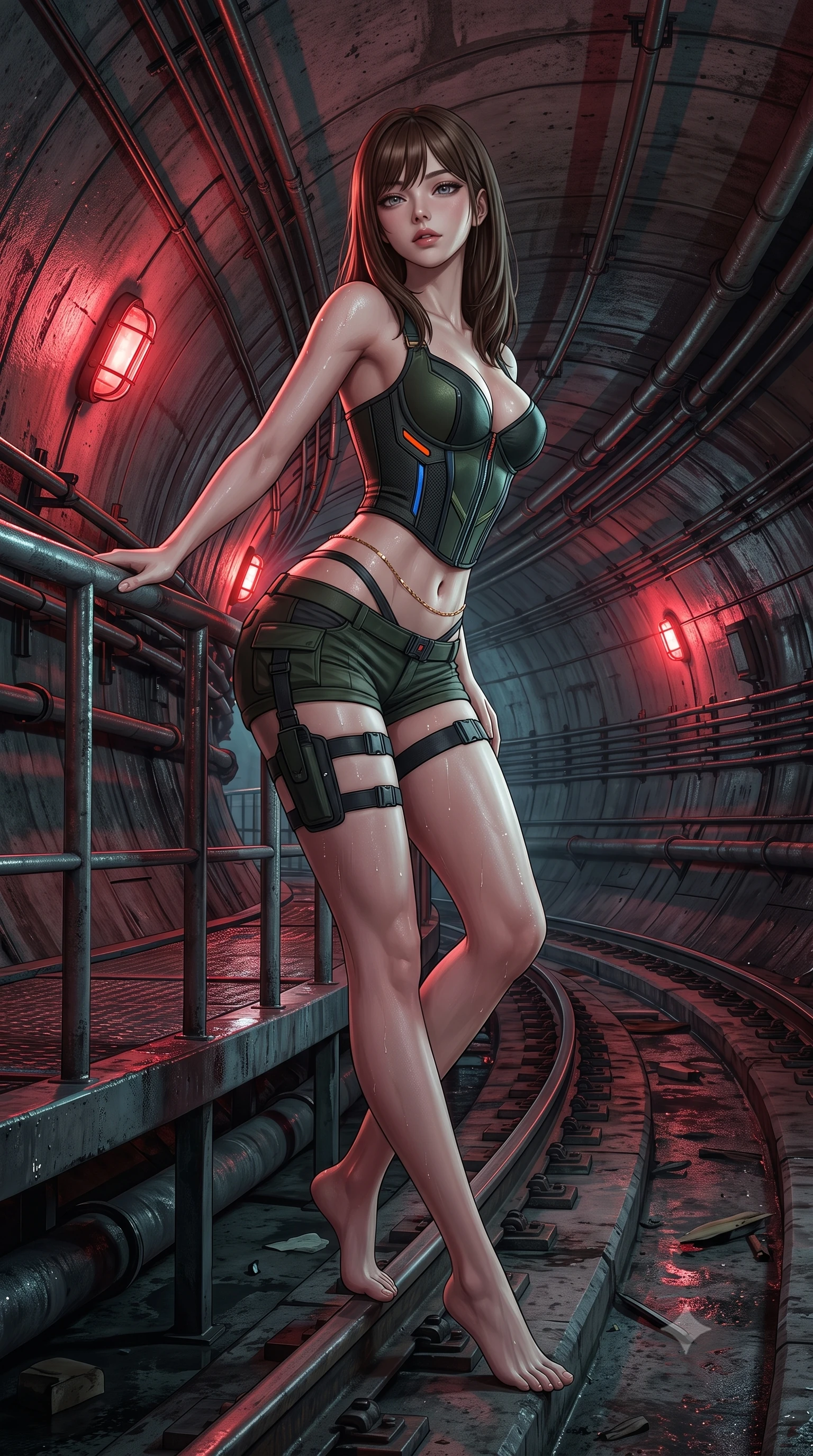 score_9, masterpiece, best quality, ultra-detailed, high-budget anime keyframe, semi-realistic 3D game render, editorial fashion photography, tasteful artistic composition, Korean woman. low angle full-body shot from head to toe showing her feet, filling the entire 9:16 vertical frame with her statuesque presence, stretching her vertical silhouette. leaning deep against the balcony balustrade with hips cocked back in an unapologetically alluring high-fashion stance, casting an intoxicating glance while walking along the curved subway maintenance tracks, arching her back with predatory siren elegance as red emergency lights pulse. The surrounding environment is rendered in vivid detail and crisp panoramic clarity: detailed stretch tactical knit cling, dewy condensation on skin, and subterranean tunnel architecture in razor-sharp precision. She has an absolutely perfect, statuesque 8.5-heads proportion, an exceptionally tall and slender model-like female figure with impossibly long slender legs, an ultra-slim waist, a flat toned midriff, narrow delicate ribcage, and beautifully sculpted feminine hips creating a graceful, slim hourglass silhouette without any bulky heaviness. sharp v-shaped jawline, high-bridge nose, sparkling eyes with hypnotic seductive depth, thick curled eyelashes, glossy parted lips with a natural dewy peach sheen, alluring bedroom-eyes with an enchanting coquettish smile, exuding magnetic siren charisma and sophisticated glamour, flawlessly proportioned anatomical accuracy, strict slender model proportions, natural body alignment, perfectly sculpted long slender limbs, ultra-slim waistline, clean dynamic posture without body distortion. wearing a structured boned tactical leatherette corset bodice paired with low-rise cargo hot-pants and thigh holster straps in stealth night-vision green and carbon charcoal with neon accents, crafted from second-skin technical compression fabric with moisture-wicking stretch, accented with a dainty gold belly chain resting across her flat midriff and curving hips, the high-slit wrap tailoring accentuating her ultra-slim waistline and the enchanting curve of her feminine hips with alluring seductive charm. bathed in rhythmic crimson strobe glow from industrial bulkhead wall fixtures. highly saturated vibrant anime colors, detailed shading with soft gradients, rich glossy textures, high-contrast stereoscopic depth, volumetric dynamic lighting, master piece, 9:16 ratio