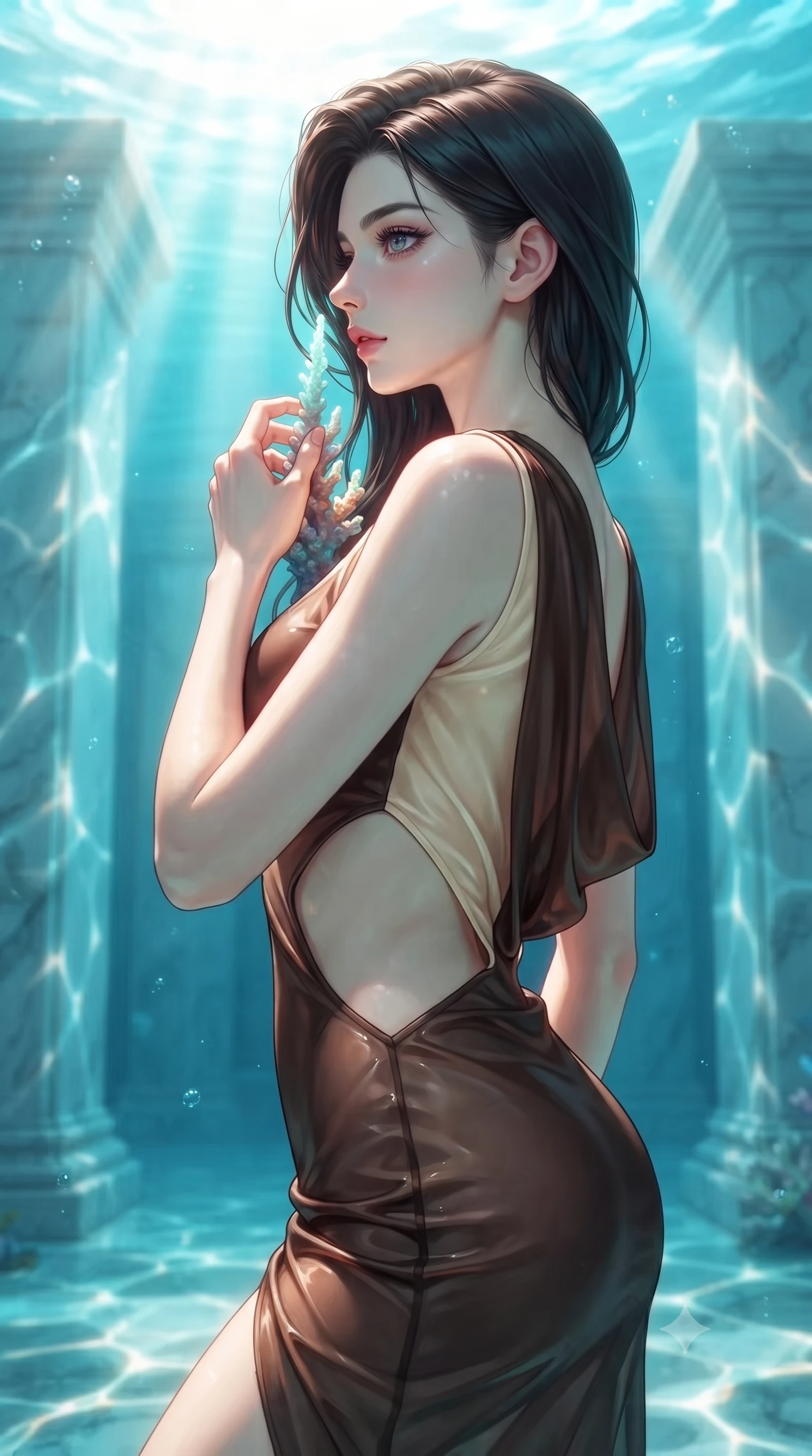 score_9, masterpiece, best quality, ultra-detailed, high-budget anime keyframe, editorial fashion photography, tasteful artistic composition, Korean woman. close-up cowboy shot from the waist and thighs up, the character dominates the composition, filling the frame with her large presence, background elements kept in soft focus. Turning her face in sharp dramatic profile against the bright light, showcasing her sharp v-shaped jawline touching a bioluminescent coral spire in a sun-drenched underwater cathedral, shimmering water reflections dancing dynamically across the marble walls. She has an exceptionally elegant, slender, and willowy female figure with an ultra-slim waist, a gracefully sculpted slender torso, and a refined silhouette. sharp v-shaped jawline, high-bridge nose, intricate jewel-like eyes with depth, thick eyelashes, glossy lips with a natural sheen. wearing a precision-fitted liquid jersey bodycon dress with a draped back in espresso brown and warm cream, woven from fine semi-opaque sheer organza, featuring clean architectural cutouts along her slender torso, the elegant draped fit framing her graceful clavicle and slender torso. bathed in brilliant underwater sunbeams and soft turquoise caustic glow. highly saturated vibrant anime colors, detailed shading with soft gradients, rich glossy textures, high-contrast stereoscopic depth, volumetric dynamic lighting, master piece, 9:16 ratio
