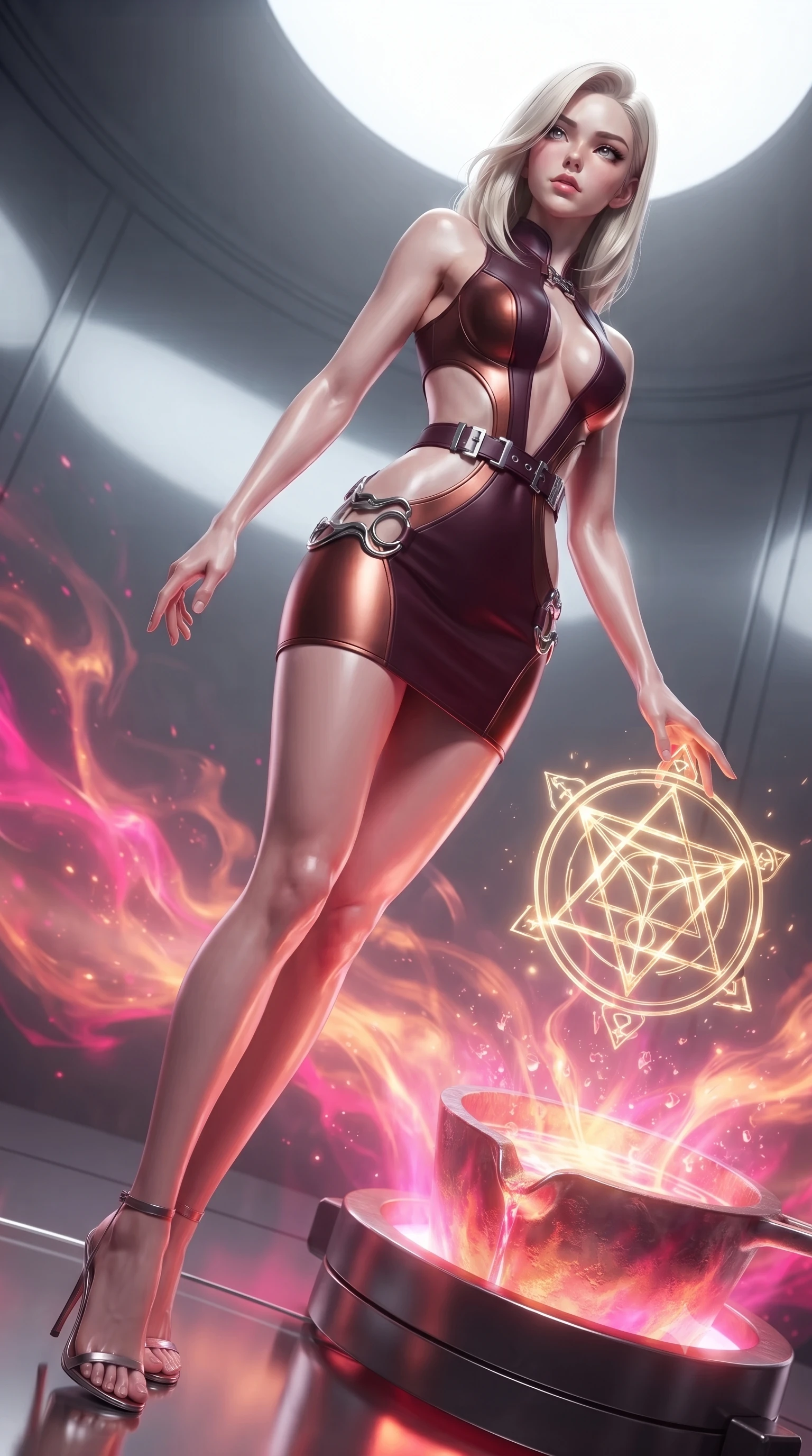 score_9, masterpiece, best quality, ultra-detailed, high-budget anime keyframe, editorial fashion photography, tasteful artistic composition, Caucasian woman. low angle full-body shot from head to toe showing her feet, filling the entire 9:16 vertical frame with her statuesque presence, stretching her vertical silhouette. pivoting dynamically in zero-gravity with fluid body alignment, displaying her perfect model proportions while reaching her hand forward to touch a glowing golden alchemy symbol floating over a crucible, boiling liquid aurora energy radiating intense hot pink and orange light from below. She has an absolutely perfect, statuesque 8.5-heads proportion, an exceptionally tall and slender model-like female figure with impossibly long slender legs and an ultra-slim waist. sharp v-shaped jawline, high-bridge nose, intricate jewel-like eyes with depth, thick eyelashes, glossy lips with a natural sheen, flawlessly proportioned anatomical accuracy, natural body alignment, perfectly sculpted elegant limbs, clean dynamic posture without body distortion. wearing a dramatic open-waist cutout mini dress framed by sculptural hardware in deep burgundy and bronze, formed from sleek second-skin neoprene, detailed with polished silver buckles along the waistline, the sleek second-skin texture accentuating her magnetic presence. illuminated by golden alchemy rune radiance and dramatic top key light. ultra-reflective glossy finish, specular highlights, metallic sheen, high-contrast stereoscopic depth, volumetric dynamic lighting, 2k, ultra detail, master piece, 9:16 ratio