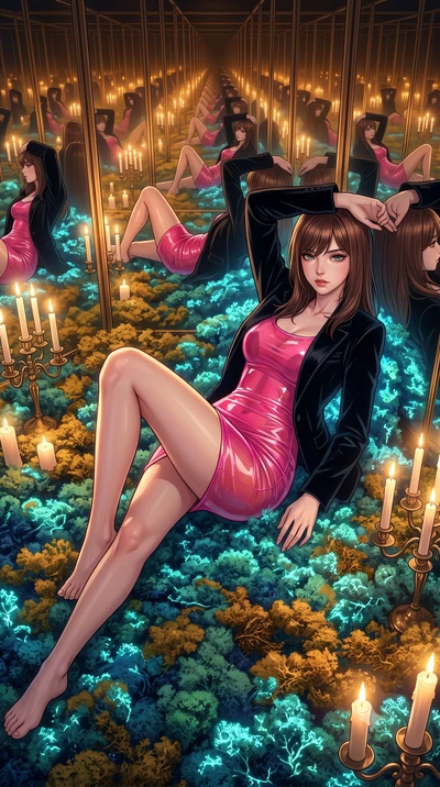score_9, masterpiece, best quality, ultra-detailed, High-budget Anime Keyframe, East Asian woman. Dynamic full-body shot stretching the vertical silhouette to the limit. Scenario 462: lying gracefully on a bed of bioluminescent moss inside a hall of 