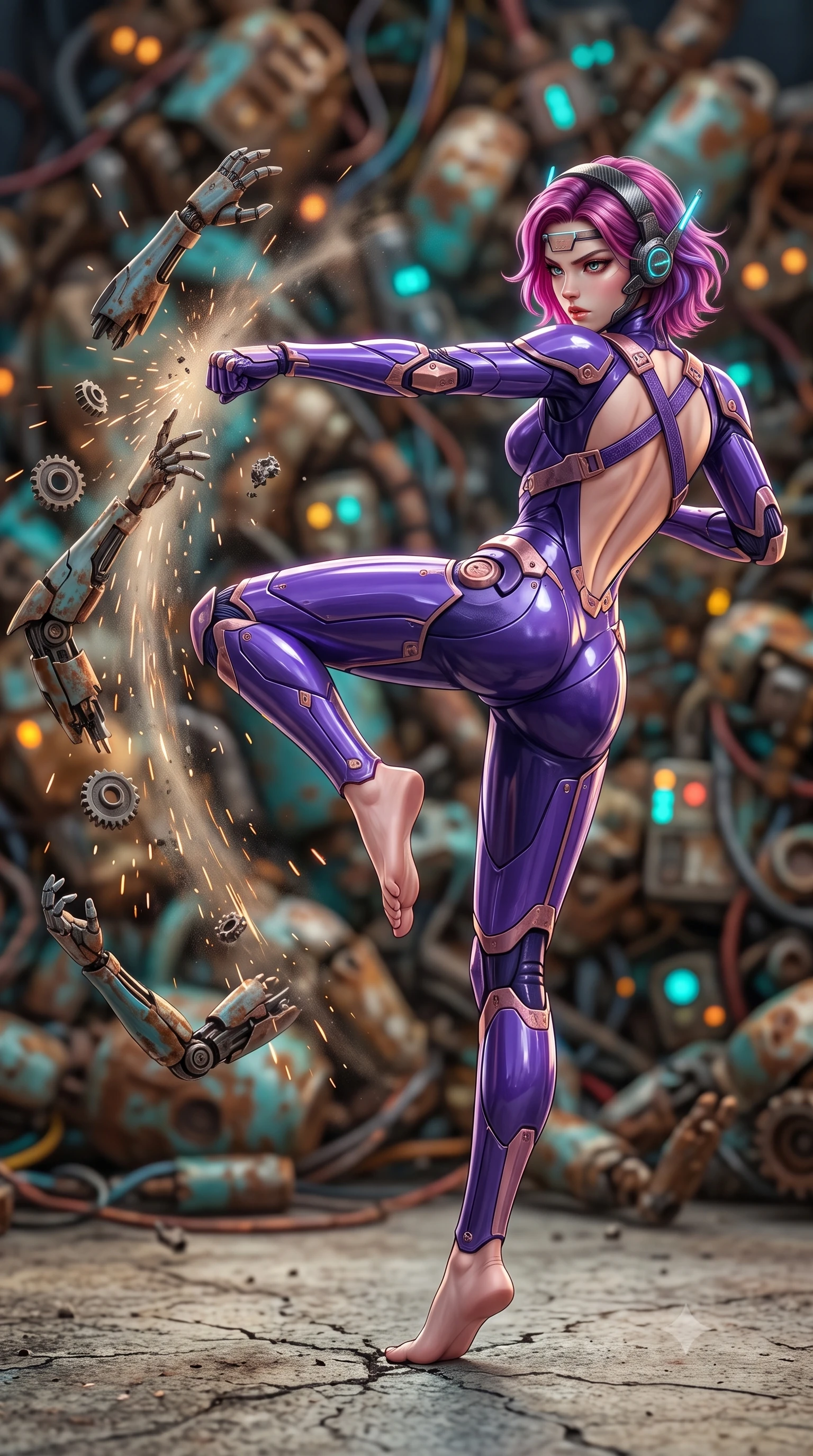 score_9, masterpiece, best quality, ultra-detailed, high-budget anime keyframe, semi-realistic 3D game render, editorial fashion photography, tasteful artistic composition, Caucasian woman. low angle full-body shot from head to toe showing her feet, filling the entire 9:16 vertical frame with her statuesque presence, stretching her vertical silhouette. pivoting dynamically in a high-speed low sweep kick along the cracked concrete, her athletic torso and ultra-slim waist twisting in a fluid arc of power while delivering a downward kinetic hammer fist that sends discarded mechanical limbs flying in a radial arc of sparks. The composition keeps background elements in soft focus with creamy bokeh. mountains of rusted android parts and blinking indicator lights blurred into rich amber, turquoise, and rust bokeh. She has an absolutely perfect, statuesque 8.5-heads proportion, an exceptionally tall and slender model-like female figure with impossibly long slender legs, a toned flat midriff, and an ultra-slim waist. sharp v-shaped jawline, high-bridge nose, intricate jewel-like eyes with depth, thick eyelashes, glossy lips with a natural sheen, fierce and resolute heroine expression, flawlessly proportioned anatomical accuracy, strict slender model proportions, natural body alignment, perfectly sculpted long slender limbs, ultra-slim waistline, clean dynamic posture without body distortion. wearing a lightweight carbon-fiber tactical sensory headpiece with glowing cyan ear-antennae and an ultra-thin forehead HUD brow-band, paired with an ultra-sleek high-gloss carbon-composite exoskeleton suit featuring kinetic shock-absorbing shin guards and flexible limb articulation joints in royal purple carbon fiber with distressed rose-gold hardware and buckles, made of lightweight aerodynamic carbon-titanium alloy with precision-beveled armor seams, complemented by criss-cross back harness straps highlighting her completely bare spine, the liquid-tight tailored fabric emphasizing every curve of her tall, slender model proportions and sculptured silhouette during dynamic movement. surrounded by a gritty, dangerous, and irresistibly powerful cybernetic queen of the underworld aura. rich saturated anime colors with glowing neon highlights, detailed shading with soft gradients, rich glossy textures, high-contrast stereoscopic depth, volumetric dynamic lighting, master piece, 9:16 ratio