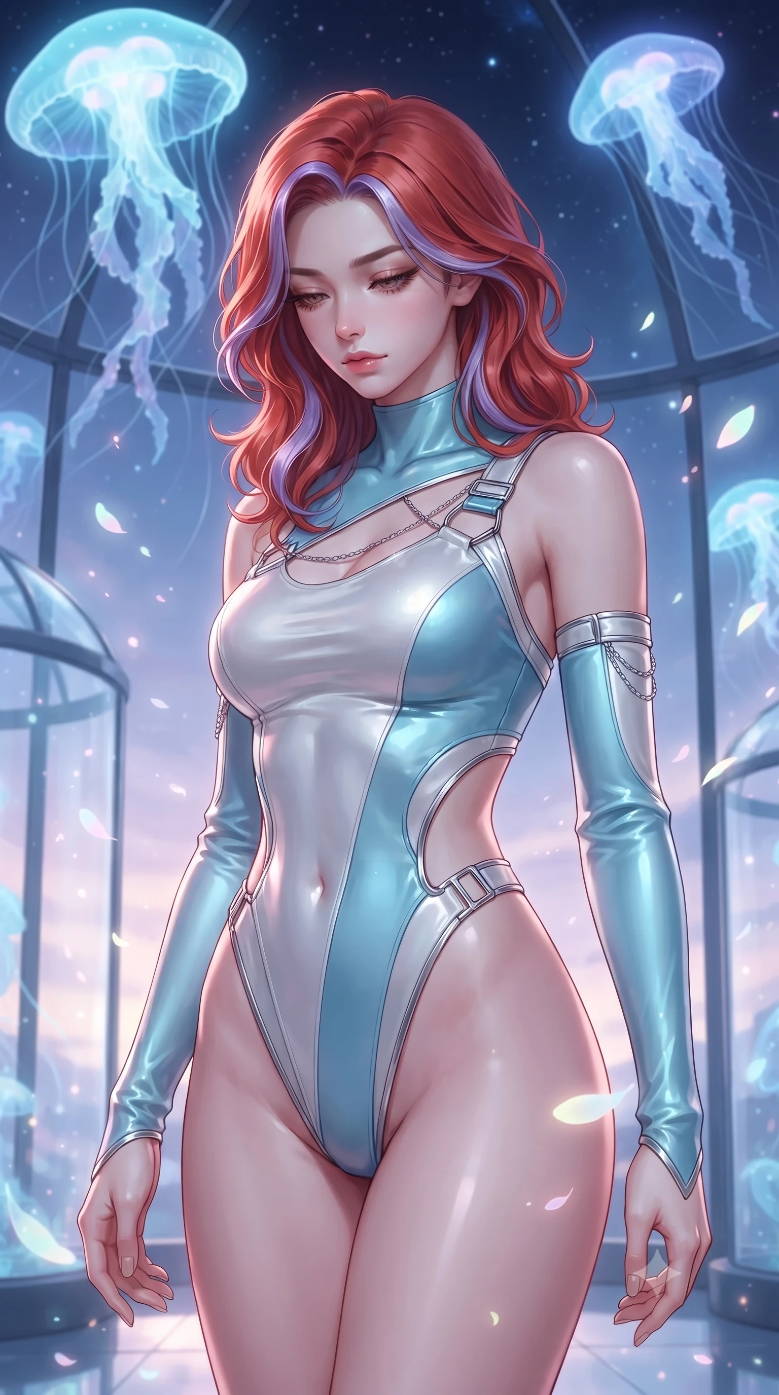 score_9, masterpiece, best quality, ultra-detailed, high-budget anime keyframe, editorial fashion photography, tasteful artistic composition, Caucasian woman. close-up cowboy shot from the waist and thighs up, the character dominates the composition, filling the frame with her large presence, background elements kept in soft focus. Looking down with lowered lashes and a composed, powerful aura, navigating a glass-walled celestial dome as giant bioluminescent opal jellyfish drift overhead, glowing pastel pollen particles drifting gracefully around her form. She has an exceptionally elegant, slender, and willowy female figure with an ultra-slim waist, a gracefully sculpted slender torso, and a refined silhouette. sharp v-shaped jawline, high-bridge nose, intricate jewel-like eyes with depth, thick eyelashes, glossy lips with a natural sheen. wearing asymmetric high-cut cyber-bodysuit with detached sleeves in pearl white in sky blue turquoise, made of liquid mercury jersey, framed by polished silver buckles and delicate chain details, the fitted fabric emphasizing her ultra-slim waist. illuminated by soft opal bioluminescence and radiant pastel inner glow. ultra-reflective glossy finish, specular highlights, metallic sheen, high-contrast stereoscopic depth, volumetric dynamic lighting, 2k, ultra detail, master piece, 9:16 ratio
