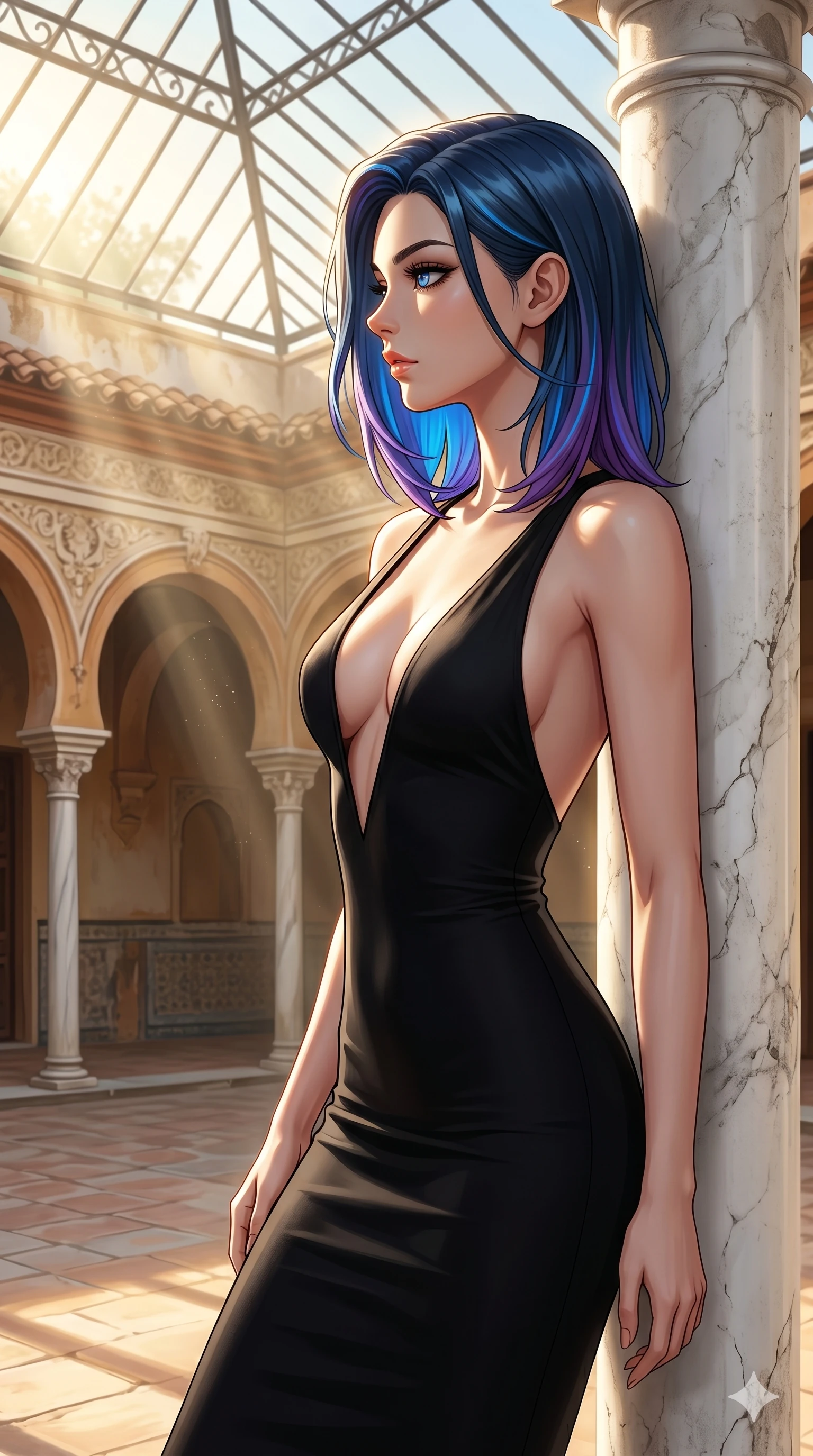 score_9, masterpiece, best quality, ultra-detailed, high-budget anime keyframe, editorial fashion photography, tasteful artistic composition, Caucasian woman, strictly human ears. cowboy shot from the thighs up, character and outfit filling the frame for maximum editorial presence. posing with quiet magnetic self-assurance, her face turned in a sharp profile against the golden light leaning against a marble column in a sun-drenched private courtyard of an old Spanish hacienda (Code-P096). She has an absolutely perfect 8-heads proportion, an exceptionally tall and slender female figure with impossibly long slender legs and an ultra-slim waist. V-shaped jawline, high-bridge nose, intricate jewel-like eyes with depth, thick eyelashes, glossy lips with a natural sheen. wearing a sleek form-fitting black bodycon dress with a dramatic plunging neckline and bare shoulders. drenched in soft morning sunbeams filtering through the glass roof, highlighting her delicate clavicle. 2k, ultra detail, master piece, 9:16 ratio