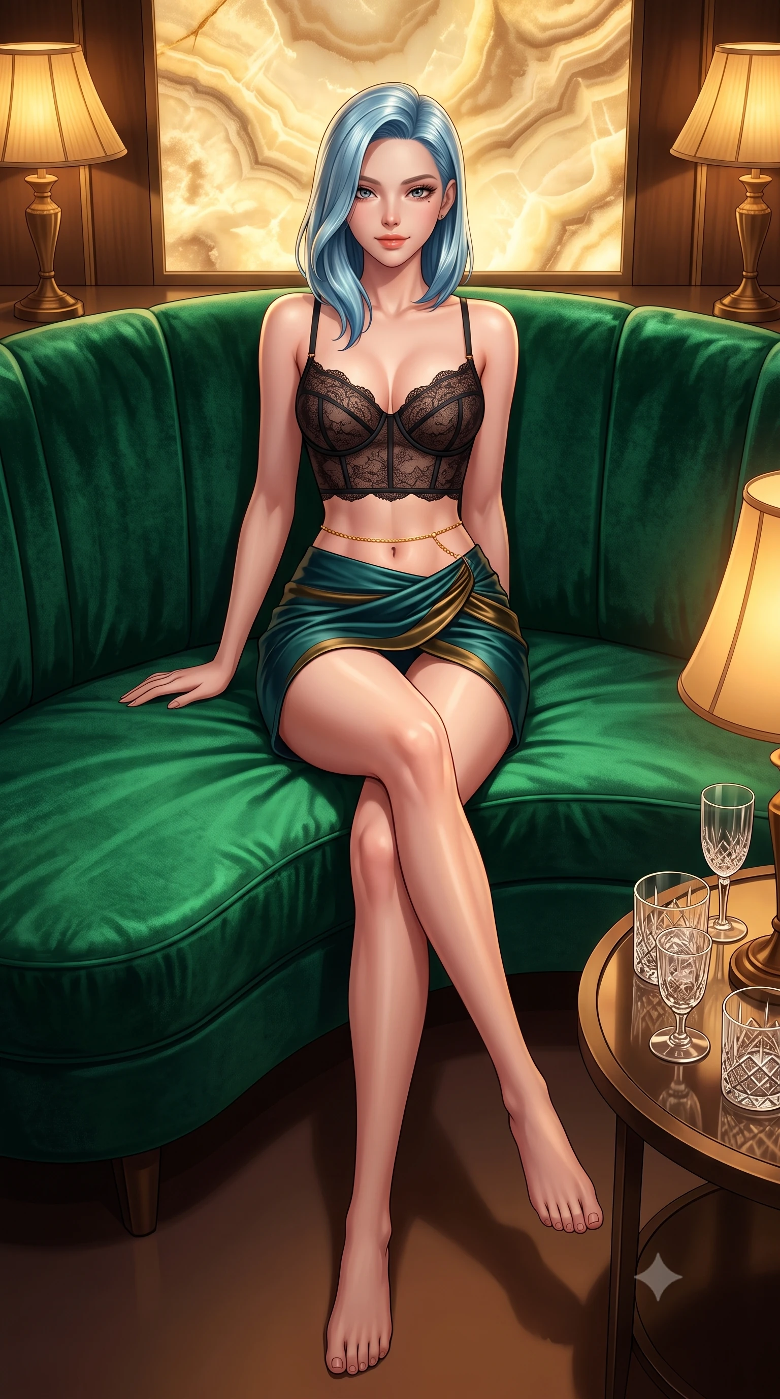 score_9, masterpiece, best quality, ultra-detailed, high-budget anime keyframe, semi-realistic 3D game render, editorial fashion photography, tasteful artistic composition, Korean woman. low angle full-body shot from head to toe showing her feet, filling the entire 9:16 vertical frame with her statuesque presence, stretching her vertical silhouette. lounging on the lavish poolside daybed with legs crossed and hips angled toward the camera, displaying her toned midriff and long slender limbs with effortless siren poise while lounging across an emerald-green curved velvet banquette with legs crossed, arching her lower back with magnetic femme fatale elegance. The surrounding environment is rendered in vivid detail and crisp panoramic clarity: sharp crushed velvet pile texture, backlit onyx stone pattern, and cut-crystal glassware facet clarity in deep focus. She has an absolutely perfect, statuesque 8.5-heads proportion, an exceptionally tall and slender model-like female figure with impossibly long slender legs, an ultra-slim waist, a flat toned midriff, narrow delicate ribcage, and beautifully sculpted feminine hips creating a graceful, slim hourglass silhouette without any bulky heaviness. sharp v-shaped jawline, high-bridge nose, sparkling eyes with hypnotic seductive depth, thick curled eyelashes, glossy parted lips with a natural dewy peach sheen, alluring bedroom-eyes with an enchanting coquettish smile, exuding magnetic siren charisma and sophisticated high-fashion glamour, flawlessly proportioned anatomical accuracy, strict slender model proportions, natural body alignment, perfectly sculpted long slender limbs, ultra-slim waistline, clean dynamic posture without body distortion. wearing a sculpted underwire demi-bustier in semi-sheer lace paired with an ultra-short draped tulip skirt in deep peacock teal and burnished antique brass, woven from buttery-soft stretch lambskin leather adhering to her body like a second skin, accented with a dainty gold belly chain resting across her flat midriff and curving hips, the liquid-tight tailored fabric clinging flawlessly to her narrow waist and rounded feminine hips, emphasizing every millimeter of her sculpted slim hourglass curves without any bulky heaviness. bathed in moody amber chiaroscuro lighting spilling softly from vintage shaded table lamps. highly saturated vibrant anime colors, detailed shading with soft gradients, rich glossy textures, high-contrast stereoscopic depth, volumetric dynamic lighting, master piece, 9:16 ratio