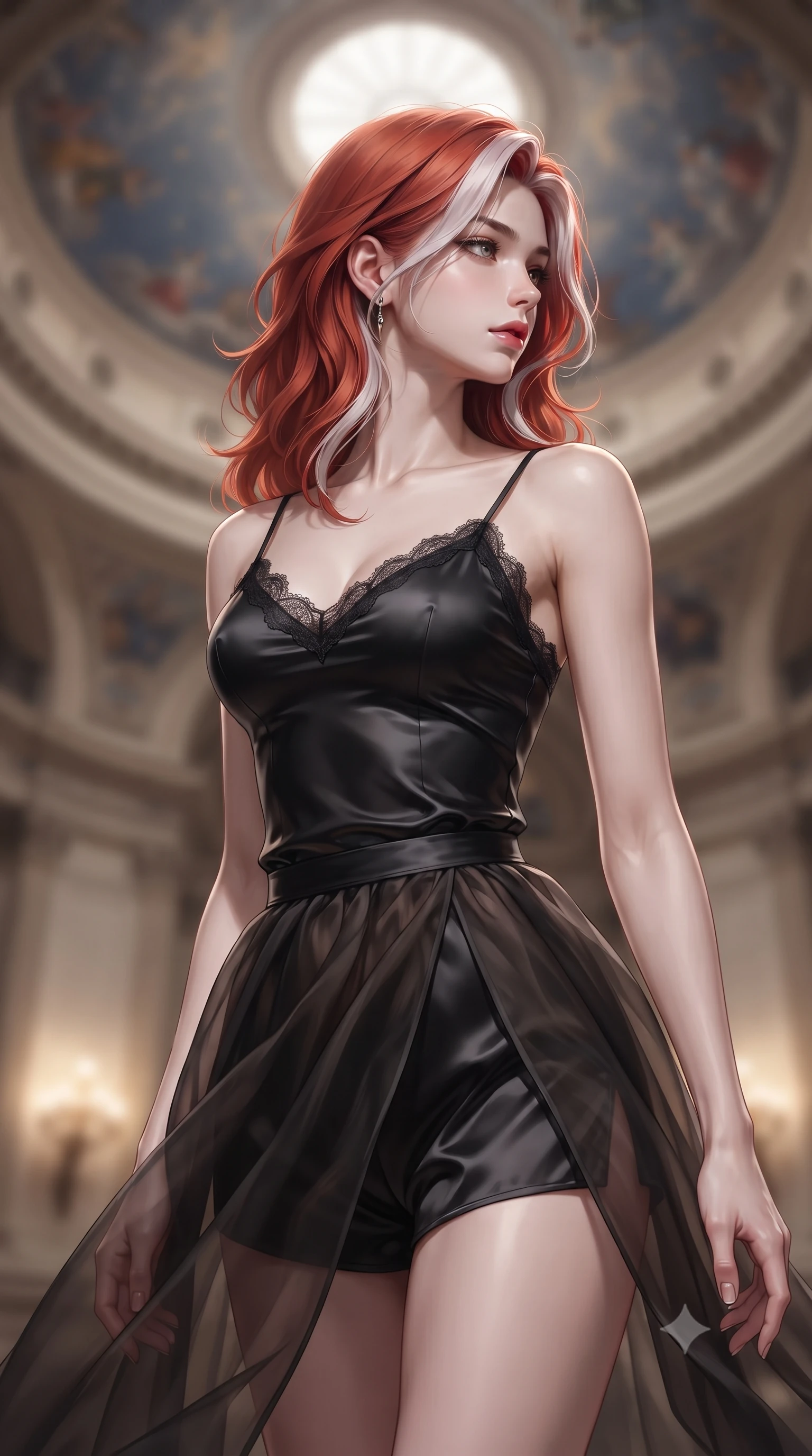score_9, masterpiece, best quality, ultra-detailed, high-budget anime keyframe, editorial fashion photography, tasteful artistic composition, Caucasian woman. close-up cowboy shot from the waist and thighs up, the character dominates the composition, filling the frame with her large presence, background elements kept in soft focus. turning her face in sharp profile, casting a cold, mysterious, yet intensely alluring side gaze, the background shows a soft-focus the high-ceiling dome corridor of an opera house with celestial paintings. She has an exceptionally elegant, slender, and willowy female figure with an ultra-slim waist, a gracefully sculpted slender torso, and a refined silhouette. sharp v-shaped jawline, high-bridge nose, intricate jewel-like eyes with depth, thick eyelashes, glossy lips with a natural sheen. wearing a form-contouring delicate lace-trim camisole in black silk, paired with a sheer organza wrap skirt and shorts. soft uplighting casting a peaceful, grand glow over her silhouette. ultra-reflective glossy finish, specular highlights, metallic sheen, high-contrast stereoscopic depth, volumetric dynamic lighting, 2k, ultra detail, master piece, 9:16 ratio