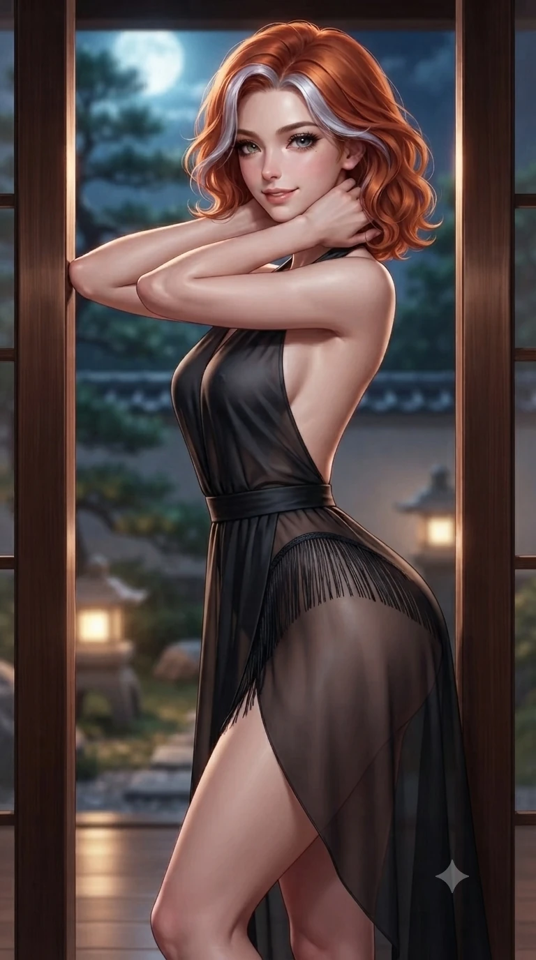 score_9, masterpiece, best quality, ultra-detailed, high-budget anime keyframe, editorial fashion photography, tasteful artistic composition, Caucasian woman. close-up cowboy shot from the waist and thighs up, the character dominates the composition, filling the frame with her large presence. resting both hands lightly behind her neck with elbows raised, arching her spine to highlight her narrow waist, flat midriff, and breathtaking collarbones while leaning against the polished timber doorframe with hips cocked back, looking through dark curled eyelashes with an enchanting smile. The background shows a soft-focus framed view of moonlit pine gardens, glowing stone lanterns, and distant tiled walls blurred into jade, honey, and charcoal bokeh. She has an exceptionally elegant, slender, and willowy female figure with an ultra-slim waist, flat toned midriff, narrow ribcage, and sculpted feminine hips creating an alluring, slim hourglass silhouette without bulk. sharp v-shaped jawline, high-bridge nose, sparkling eyes with hypnotic seductive depth, thick curled eyelashes, glossy parted lips with a natural dewy peach sheen, alluring bedroom-eyes with an enchanting coquettish smile, exuding magnetic siren charisma and sophisticated glamour, flawlessly proportioned anatomical accuracy, strict slender model proportions, natural body alignment, perfectly sculpted long slender limbs, ultra-slim waistline, clean dynamic posture without body distortion. wearing a liquid-tight backless silk halter leotard styled with a sheer wrap overskirt revealing her hip curve in liquid mercury chrome and deep ink black, tailored from heavy double-faced silk faille with an exceptionally fluid drape, finished with delicate silk fringe trim fluttering along her hip line with kinetic charm, the form-contouring silhouette accentuating her sculpted flat midriff, narrow delicate ribcage, and gracefully curvy hips with intoxicating allure. illuminated by timber floor bounce and sharp rose-gold rim lights defining her razor-sharp jawline, narrow waist, and curvy hips. ultra-reflective glossy finish, specular highlights, rich textural contrasts, high-contrast stereoscopic depth, volumetric dynamic lighting, 2k, ultra detail, master piece, 9:16 ratio