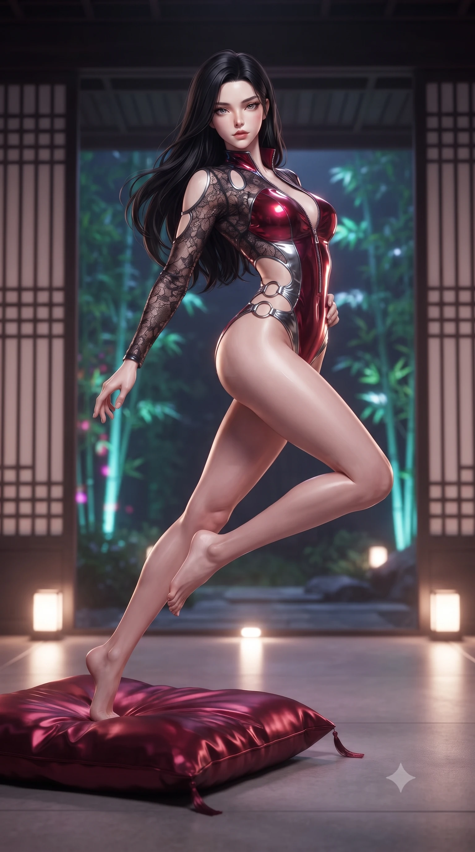 score_9, masterpiece, best quality, ultra-detailed, high-budget anime keyframe, editorial fashion photography, tasteful artistic composition, Korean woman. low angle full-body shot from head to toe showing her feet, filling the entire 9:16 vertical frame with her statuesque presence, stretching her vertical silhouette. leaping through mid-air with an athletic yet alluring arch of her spine, her impossibly long slender legs stretched in flawless poise while resting on a low silk cushion in a cyber-fusion pavilion with an alluring, direct stare. The composition keeps background elements in soft focus with creamy bokeh. traditional lattice screens and neon-lit garden bamboo softened by shallow depth of field. She has an absolutely perfect, statuesque 8.5-heads proportion, an exceptionally tall and slender model-like female figure with impossibly long slender legs and an ultra-slim waist. sharp v-shaped jawline, high-bridge nose, intricate jewel-like eyes with depth, thick eyelashes, glossy lips with a natural sheen, flawlessly proportioned anatomical accuracy, natural body alignment, perfectly sculpted elegant limbs, clean dynamic posture without body distortion. wearing a form-fitting top made of molten liquid-mercury fabric that clings to her curves, with strategic tear-drop shoulder cutouts and a dangerously unzipped front collar in deep ruby red and polished chrome accents, crafted from delicate dark lace interwoven with luminescent micro-fibers, detailed with polished silver rings connecting the daring side-waist cutouts, the form-contouring second-skin material highlighting her ultra-slim waist and long lines. illuminated by soft glowing floor uplights and sharp specular highlights on wet lacquer. ultra-reflective glossy finish, specular highlights, metallic sheen, high-contrast stereoscopic depth, volumetric dynamic lighting, 2k, ultra detail, master piece, 9:16 ratio