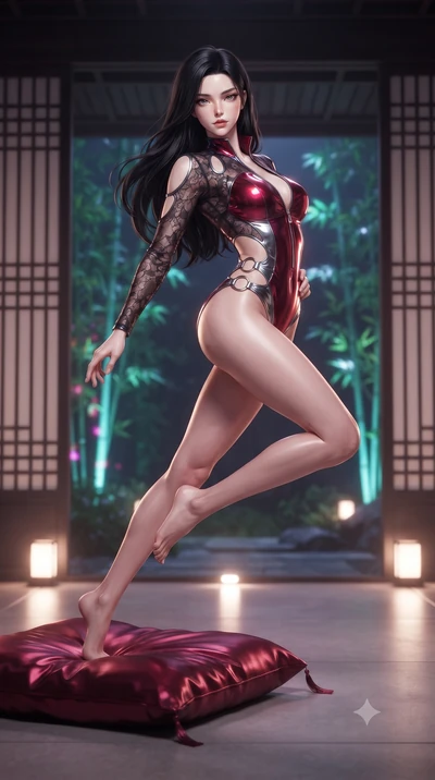 score_9, masterpiece, best quality, ultra-detailed, high-budget anime keyframe, editorial fashion photography, tasteful artistic composition, Korean woman. low angle full-body shot from head to toe showing her feet, filling the entire 9:16 vertical f