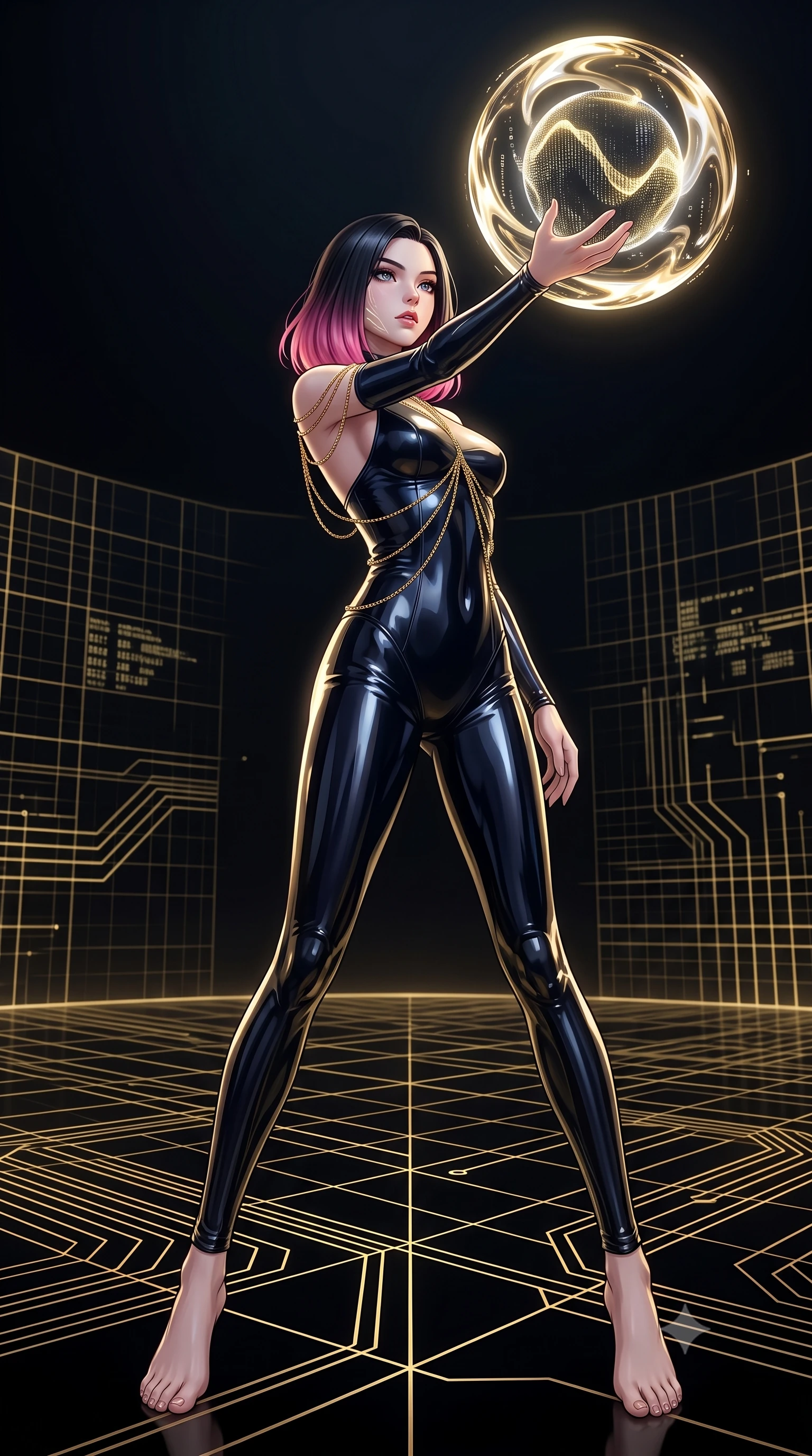 score_9, masterpiece, best quality, ultra-detailed, High-budget Anime Keyframe, East Asian woman. Low angle cowboy shot filling the entire 9:16 frame with her statuesque presence. Scenario 316: reaching out to catch a floating sphere of liquid light in a digital arena where gold gridlines project onto the black walls. Her presence is magnetic and overpowering in this high-budget anime scene. Outfit 316: a body-hugging patent leather second with a low-cut shoulder and fine gold chains. The clothing is designed to emphasize her exceptionally tall and slender 8-heads proportion. 8-heads proportion, towering silhouette, ultra-slim waist. sharp v-shaped jawline, intricate jewel-like eyes with depth, thick eyelashes, glossy lips. 2k, ultra detail, master piece, 9:16 ratio