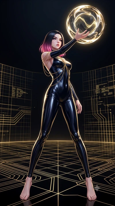 score_9, masterpiece, best quality, ultra-detailed, High-budget Anime Keyframe, East Asian woman. Low angle cowboy shot filling the entire 9:16 frame with her statuesque presence. Scenario 316: reaching out to catch a floating sphere of liquid light 