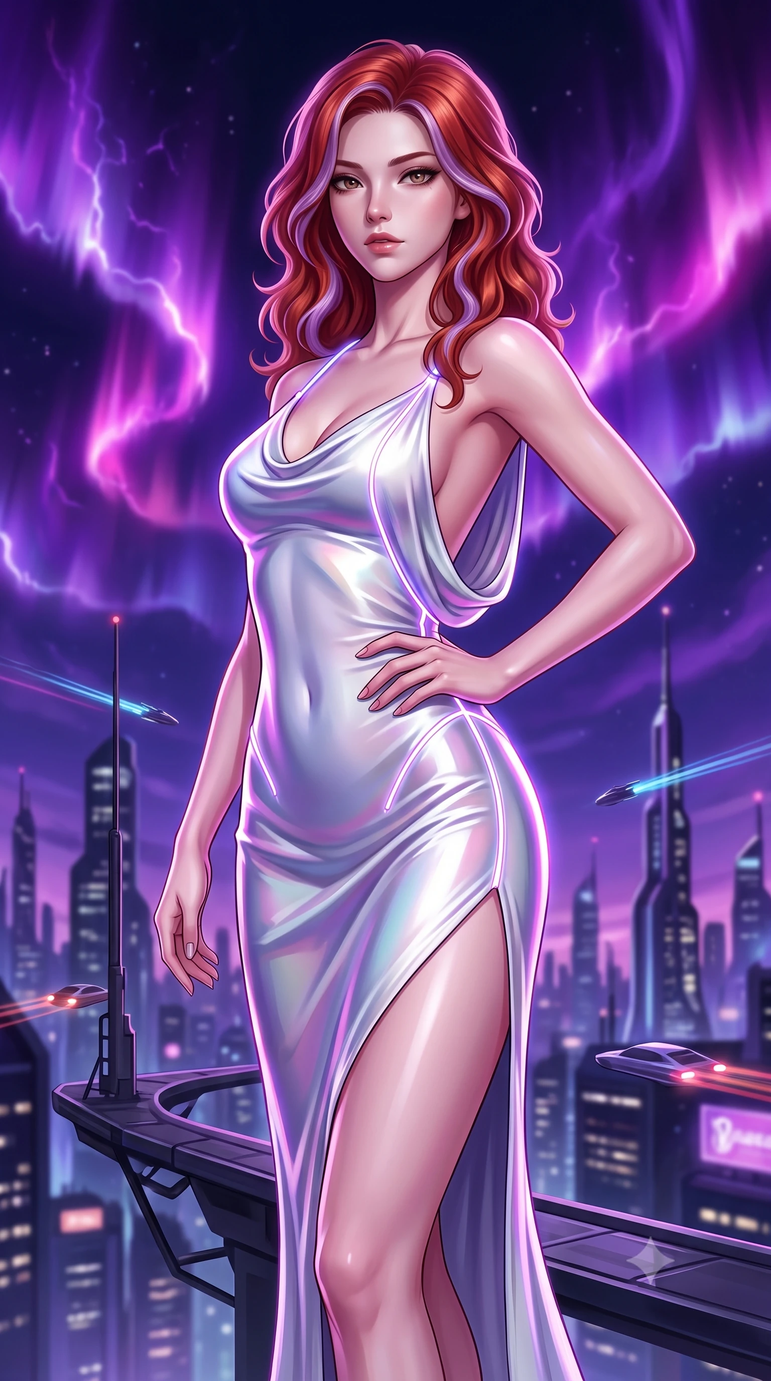 score_9, masterpiece, best quality, ultra-detailed, high-budget anime keyframe, semi-realistic 3D game render, editorial fashion photography, tasteful artistic composition, Caucasian woman. close-up cowboy shot from the waist and thighs up, the character dominates the composition, filling the frame with her large presence. twisting her upper body in a dynamic S-curve with commanding allure, one hand resting on her slender waist with haughty grace while pivoting dynamically on a cantilevered antenna platform as swirling violet and magenta plasma auroras electrify the night sky. The composition keeps background elements in soft focus with creamy bokeh. futuristic skyscraper spires and flying vehicle light trails softened in atmospheric shallow focus. She has an exceptionally elegant, slender, and willowy female figure with an ultra-slim waist, a gracefully sculpted slender torso, toned flat midriff, and a refined slim silhouette. sharp v-shaped jawline, high-bridge nose, intricate jewel-like eyes with depth, thick eyelashes, glossy lips with a natural sheen, flawlessly proportioned anatomical accuracy, strict slender model proportions, natural body alignment, perfectly sculpted long slender limbs, ultra-slim waistline, clean dynamic posture without body distortion. wearing a precision-fitted liquid jersey bodycon gown in radiant chrome and white, featuring an open cowl back and high side slit in pristine liquid pearl white and radiant solar gold trim, made of smooth flowing silk chiffon that shifts colors with movement, accented with glowing fiber-optic seams tracing her collarbones and hip curves, the liquid-tight tailored fabric emphasizing every curve of her tall, slender model proportions and sculptured silhouette during dynamic movement. illuminated by crisp white key lighting with sharp specular highlights tracing her ultra-slim waist and long legs. rich saturated anime colors with glowing neon highlights, detailed shading with soft gradients, rich glossy textures, high-contrast stereoscopic depth, volumetric dynamic lighting, master piece, 9:16 ratio