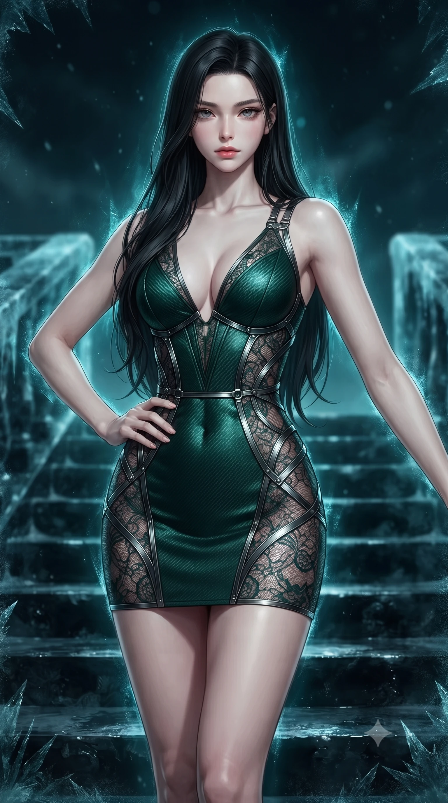 score_9, masterpiece, best quality, ultra-detailed, high-budget anime keyframe, editorial fashion photography, tasteful artistic composition, Korean woman. close-up cowboy shot from the waist and thighs up, the character dominates the composition, filling the frame with her large presence, background elements kept in soft focus. Holding a confident power pose with one hand on her hip, ascending a frozen black ice staircase under a dark polar sky, crystallized shadow frost framing her slender vertical silhouette. She has an exceptionally elegant, slender, and willowy female figure with an ultra-slim waist, a gracefully sculpted slender torso, and a refined silhouette. sharp v-shaped jawline, high-bridge nose, intricate jewel-like eyes with depth, thick eyelashes, glossy lips with a natural sheen. wearing deep V-neck corset bodice mini dress with sheer dark lace panels in deep emerald green, made of matte carbon-fiber weave, highlighted by a gunmetal metallic harness structure, contouring every curve with an exceptionally elegant silhouette. surrounded by a freezing dark cyan aura with sharp edge highlights. ultra-reflective glossy finish, specular highlights, metallic sheen, high-contrast stereoscopic depth, volumetric dynamic lighting, 2k, ultra detail, master piece, 9:16 ratio