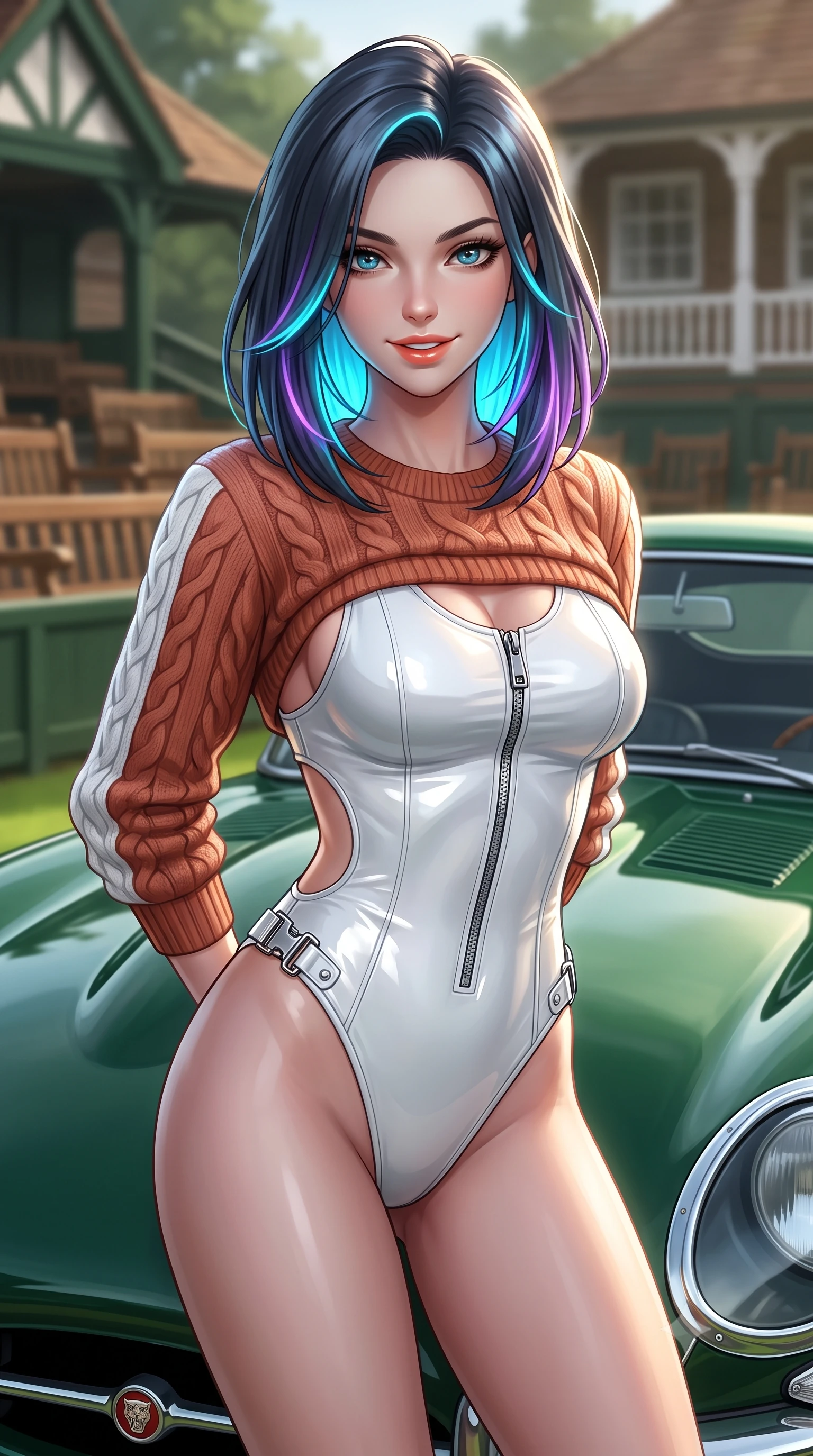 score_9, masterpiece, best quality, ultra-detailed, high-budget anime keyframe, semi-realistic 3D game render, editorial fashion photography, tasteful artistic composition, Caucasian woman. close-up cowboy shot from the waist and thighs up, the character dominates the composition, filling the frame with her large presence. resting both hands lightly behind her back while leaning toward the lens with a cheerful, teasing grin, her form-fitting athletic suit hugging her narrow waist and hip curve while leaning against the bonnet of a vintage British Racing Green Jaguar E-Type parked beside the clubhouse with hips cocked back, casting an alluring smile. The background shows a soft-focus classic wooden court seating and members' club pavilions softened in historic British country club shallow focus. She has an exceptionally elegant, slender, and willowy female figure with an ultra-slim waist, flat toned midriff, narrow ribcage, and sculpted feminine hips creating an alluring, slim hourglass silhouette without bulk. sharp v-shaped jawline, high-bridge nose, sparkling eyes with athletic focus and depth, thick curled eyelashes, glossy parted lips with a natural coral-peach sheen, bright confident and coquettish smile with alluring bedroom-eyes, exuding both youthful sporty vigor and sovereign high-society glamour, flawlessly proportioned anatomical accuracy, strict slender model proportions, natural body alignment, perfectly sculpted long slender limbs, ultra-slim waistline, clean dynamic posture without body distortion. wearing a luxurious cashmere cable-knit tennis sweater draped over a liquid-tight white leather racerback bodysuit in classic clay-court terracotta and cloud white, made of high-gloss reflective patent leather with mirror-like specular highlights, finished with polished chrome zipper pulls and racing harness buckle hardware, the precision-cut side openings and low-back scoop framing her graceful spine and the sensual sweep of her slim, athletic hips. illuminated by emerald grass bounce fill and crisp white-gold rim lighting defining her sculpted collarbones, ultra-slim waist, and curvy hips. highly saturated vibrant anime colors, detailed shading with soft gradients, rich glossy textures, high-contrast stereoscopic depth, volumetric dynamic lighting, master piece, 9:16 ratio