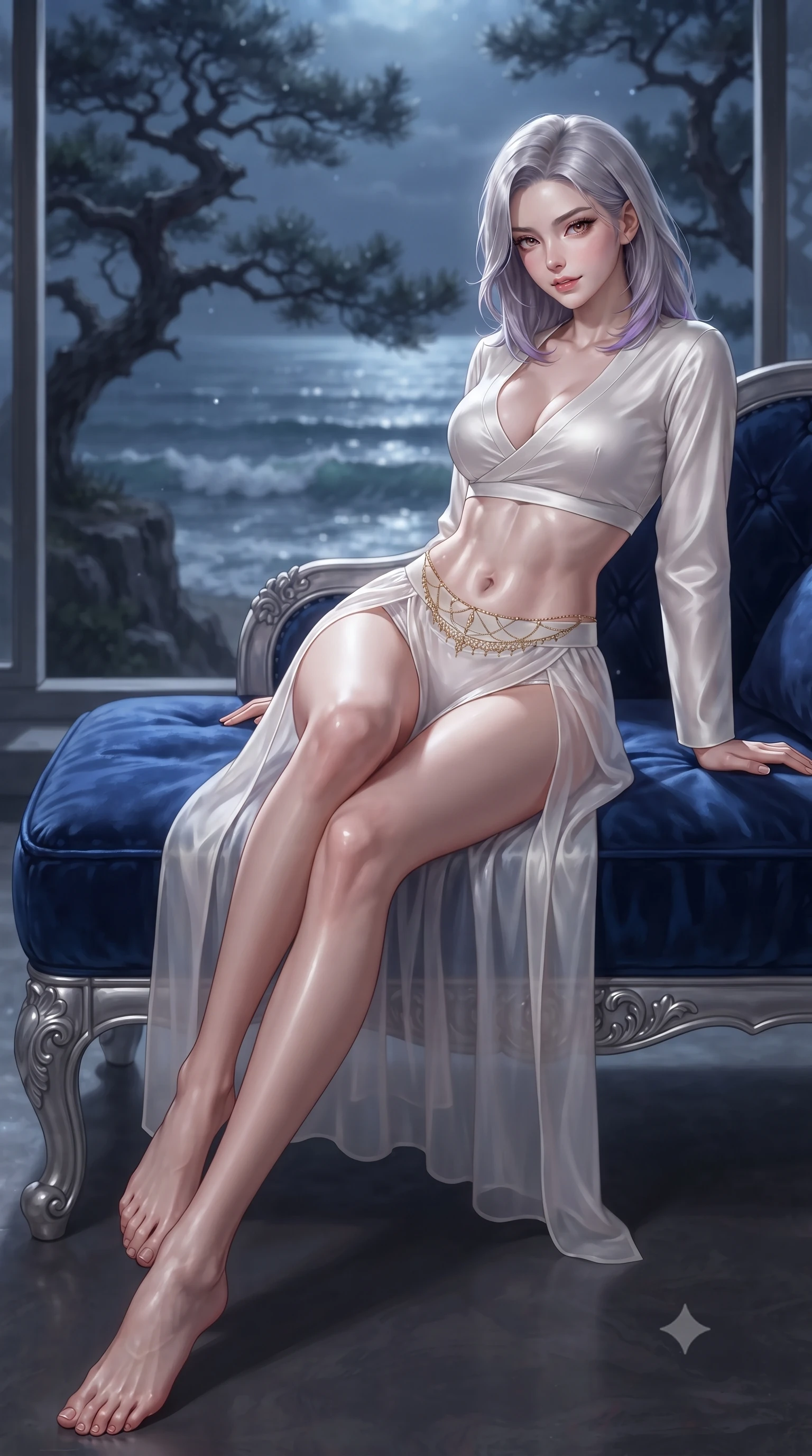 score_9, masterpiece, best quality, ultra-detailed, high-budget anime keyframe, editorial fashion photography, tasteful artistic composition, Caucasian woman. low angle full-body shot from head to toe showing her feet, filling the entire 9:16 vertical frame with her statuesque presence, stretching her vertical silhouette. lounging on the lavish daybed with legs crossed and hips angled toward the camera, displaying her toned midriff and long slender limbs with effortless siren poise while twisting her slender torso in an alluring contrapposto stance, moonlight carving sharp highlights across her flat midriff and curvy hips. The background shows a soft-focus gnarled ancient pine silhouettes and rolling ocean waves below blurred into deep midnight navy, silver, and charcoal bokeh. She has an absolutely perfect, statuesque 8.5-heads proportion, an exceptionally tall and slender model-like female figure with impossibly long slender legs, an ultra-slim waist, a flat toned midriff, narrow delicate ribcage, and beautifully sculpted feminine hips creating a graceful, slim hourglass silhouette without any bulky heaviness. sharp v-shaped jawline, high-bridge nose, sparkling eyes with hypnotic seductive depth, thick curled eyelashes, glossy parted lips with a natural dewy peach sheen, alluring bedroom-eyes with an enchanting coquettish smile, exuding magnetic siren charisma and sophisticated glamour, flawlessly proportioned anatomical accuracy, strict slender model proportions, natural body alignment, perfectly sculpted long slender limbs, ultra-slim waistline, clean dynamic posture without body distortion. wearing a plunging sweetheart-neckline silk jeogori crop top paired with an ultra-high-slit translucent chima wrap skirt and satin briefs in pure pearl alabaster with platinum sheen, crafted from fluid liquid silk satin that clings smoothly to every curve with a dewy sheen, finished with a dainty gold belly chain resting across her flat midriff and curving hips, the form-contouring silhouette accentuating her sculpted flat midriff, narrow delicate ribcage, and gracefully curvy hips with intoxicating allure. illuminated by sea reflection fill and sharp platinum rim lights sculpting her delicate clavicles, narrow waist, and curvaceous hips. ultra-reflective glossy finish, specular highlights, rich textural contrasts, high-contrast stereoscopic depth, volumetric dynamic lighting, 2k, ultra detail, master piece, 9:16 ratio