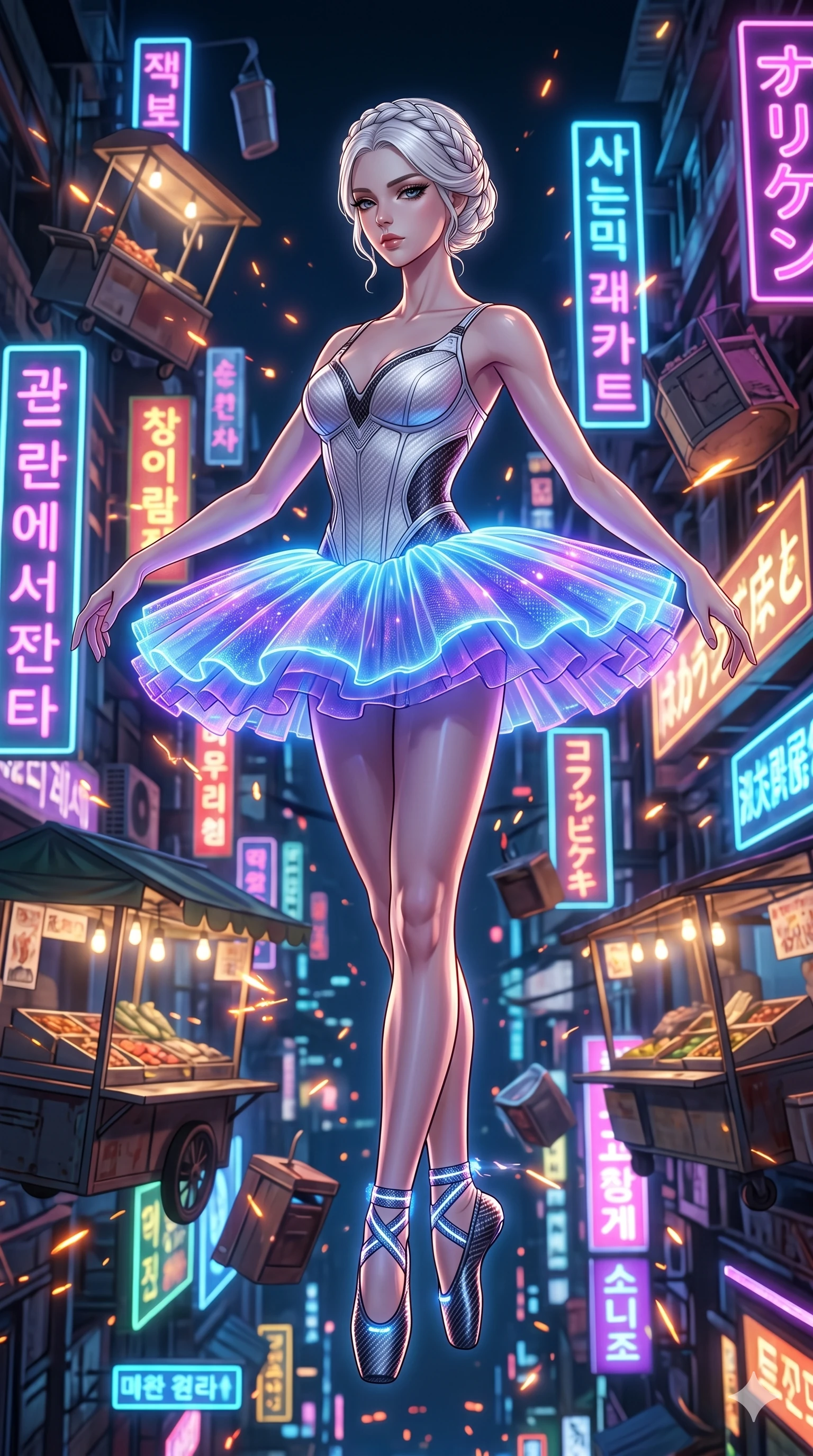 score_9, masterpiece, best quality, ultra-detailed, Set A: High-budget Anime Keyframe, Korean woman. Low angle cowboy shot filling the entire 9:16 frame with her statuesque presence. Floating through a futuristic night market, as gravity fails and everything around her floats in state 276 and surrounded by glowing energy sparks. She has an absolutely perfect 8-heads proportion, an exceptionally tall and slender female figure with impossibly long slender legs and an ultra-slim waist. Sharp v-shaped jawline, high-bridge nose, intricate jewel-like eyes with depth, thick eyelashes, glossy lips with a natural sheen. Wearing Futuristic ballet outfit with a glowing tutu and carbon-fiber pointe shoes. Cinematic lighting, vibrant colors, dramatic shadows, 2k, ultra detail, master piece, 9:16 ratio