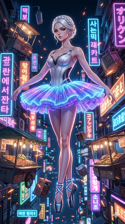 score_9, masterpiece, best quality, ultra-detailed, Set A: High-budget Anime Keyframe, Korean woman. Low angle cowboy shot filling the entire 9:16 frame with her statuesque presence. Floating through a futuristic night market, as gravity fails and ev