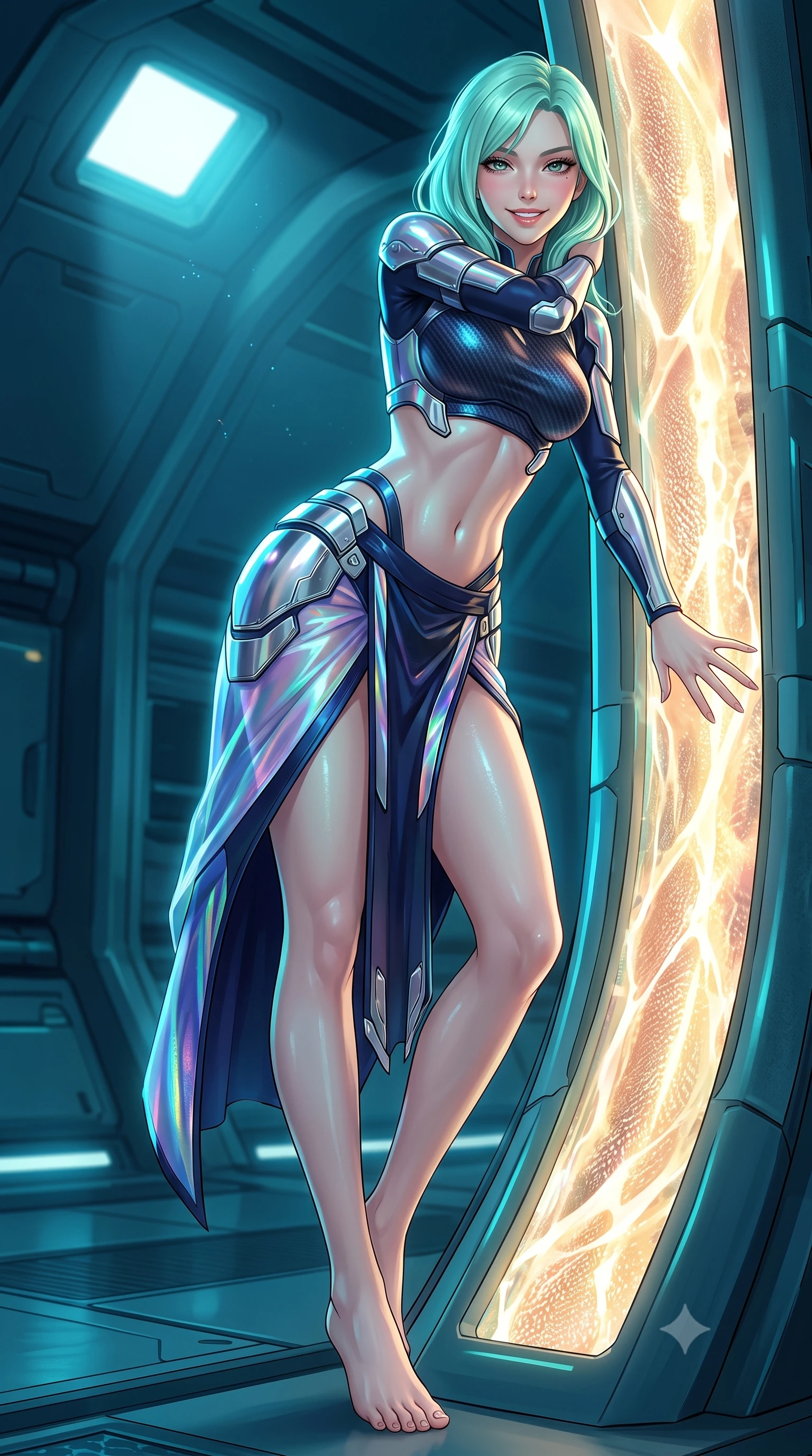 score_9, masterpiece, best quality, ultra-detailed, high-budget anime keyframe, semi-realistic 3D game render, editorial fashion photography, tasteful artistic composition, Japanese woman. low angle full-body shot from head to toe showing her feet, filling the entire 9:16 vertical frame with her statuesque presence, stretching her vertical silhouette. leaning deep against the glowing energy conduit with hips cocked back in an unapologetically alluring high-fashion stance, flashing a warm beaming smile while twisting her slender torso in an alluring contrapposto stance, deep-sea bioluminescence playing across her narrow waist and rounded hips. The surrounding environment is rendered in vivid detail and crisp panoramic clarity: detailed compression suit sheen, water caustic reflections on skin, and deep-sea habitat architecture in razor-sharp precision. She has an absolutely perfect, statuesque 8.5-heads proportion, an exceptionally tall and slender model-like female figure with impossibly long slender legs, an ultra-slim waist, a flat toned midriff, narrow delicate ribcage, and beautifully sculpted feminine hips creating a graceful, slim hourglass silhouette without any bulky heaviness. sharp v-shaped jawline, high-bridge nose, intricate jewel-like sparkling eyes with depth, thick eyelashes, glossy parted lips with a natural sheen, bright confident smile with an enchanting and coquettish sensual glint, exuding both youthful magnetic charm and sovereign high-tech allure, flawlessly proportioned anatomical accuracy, strict slender model proportions, natural body alignment, perfectly sculpted long slender limbs, ultra-slim waistline, clean dynamic posture without body distortion. wearing a cyber-samurai tactical suit featuring a shortened carbon chestplate and high-slit armored wrap skirt in midnight navy blue and holographic iridescent shimmer, woven from layered gossamer holographic organza casting chromatic prism reflections, accented with strategically placed chrome armor plate guards covering key curves, the form-contouring cut accentuating her sculpted flat midriff, narrow delicate ribcage, and gracefully curvy hips with cybernetic supermodel precision. illuminated by external submarine floodlights and sharp cyan rim lights carving her razor-sharp jawline, narrow waist, and curvy hips. highly saturated vibrant anime colors, detailed shading with soft gradients, rich glossy textures, high-contrast stereoscopic depth, volumetric dynamic lighting, master piece, 9:16 ratio