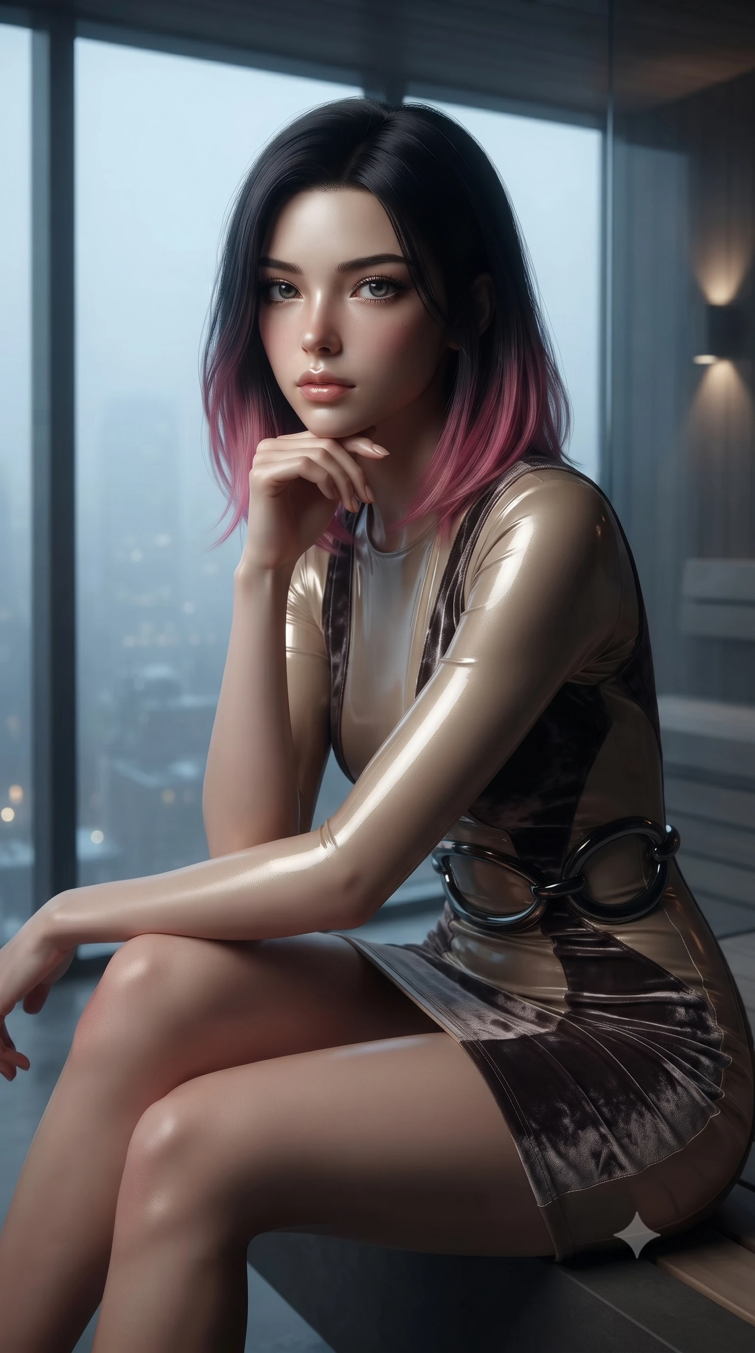 score_9, masterpiece, best quality, ultra-detailed, high-budget anime keyframe, editorial fashion photography, tasteful artistic composition, Korean woman. close-up cowboy shot from the waist and thighs up, the character dominates the composition, filling the frame with her large presence, background elements kept in soft focus. Resting her chin on the backs of her fingers with an air of effortless superiority, inside a private minimalist glass sauna overlooking a misty 3 AM city skyline, high-fashion editorial serenity with magnetic sensual allure. She has an exceptionally elegant, slender, and willowy female figure with an ultra-slim waist, a gracefully sculpted slender torso, and a refined silhouette. sharp v-shaped jawline, high-bridge nose, intricate jewel-like eyes with depth, thick eyelashes, glossy lips with a natural sheen. wearing precision-fitted bodycon dress in high-gloss liquid vinyl in champagne gold, made of crushed dark silk velvet, accented with sculpted obsidian chrome rings at the waist, sculpting her athletic slender build with refined precision. lit by low-key sconce rays contrasting against cold misty city skyglow. ultra-reflective glossy finish, specular highlights, metallic sheen, high-contrast stereoscopic depth, volumetric dynamic lighting, 2k, ultra detail, master piece, 9:16 ratio