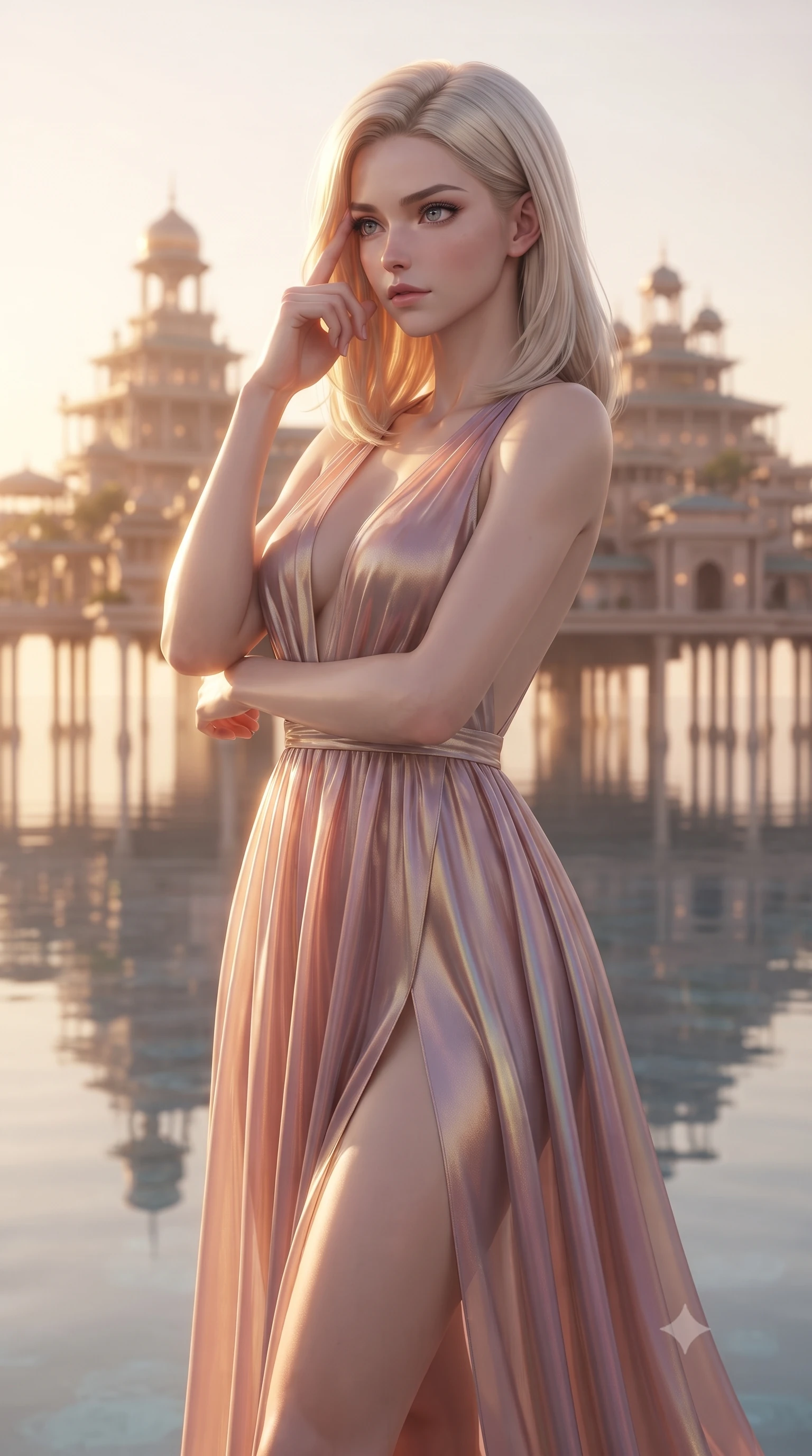 score_9, masterpiece, best quality, ultra-detailed, high-budget anime keyframe, editorial fashion photography, tasteful artistic composition, Caucasian woman. close-up cowboy shot from the waist and thighs up, the character dominates the composition, filling the frame with her large presence, background elements kept in soft focus. Pressing two fingers to her temple in a composed thoughtful gesture with an air of magnetic charisma gazing out at a dreamlike palace archipelago suspended in golden hour light, still pool waters reflecting her slender silhouette and the open sky. She has an exceptionally elegant, slender, and willowy female figure with an ultra-slim waist, a gracefully sculpted slender torso, and a refined silhouette. sharp v-shaped jawline, high-bridge nose, intricate jewel-like eyes with depth, thick eyelashes, glossy lips with a natural sheen. wearing a translucent iridescent chiffon gown with a plunging neckline and open back in dusty rose and champagne gold, crafted from iridescent chiffon that shifts colors in the light, finished with a sleek side slit ascending to mid-thigh, the glove-like fit emphasizing her statuesque silhouette. bathed in glorious golden hour sunbeams and warm rose-gold ambient light. ultra-reflective glossy finish, specular highlights, metallic sheen, high-contrast stereoscopic depth, volumetric dynamic lighting, 2k, ultra detail, master piece, 9:16 ratio