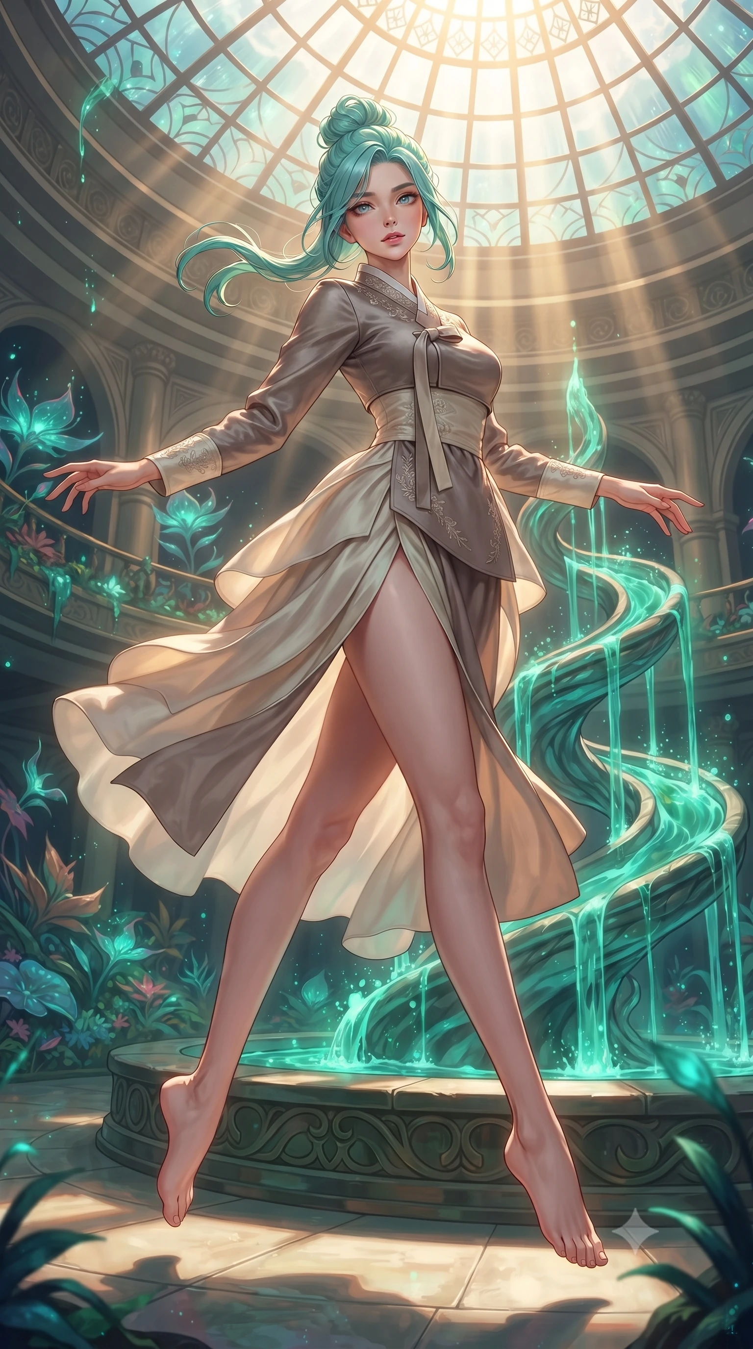 score_9, masterpiece, best quality, ultra-detailed, high-budget anime keyframe, editorial fashion photography, tasteful artistic composition, Japanese woman. low angle full-body shot from head to toe showing her feet, filling the entire 9:16 vertical frame with her statuesque presence, stretching her vertical silhouette. leaping gracefully through the environment with statuesque elegance and long slender legs standing by a hydro-flow spiral fountain flowing with bioluminescent emerald sap, intense volumetric sunbeams filtering through the glass ceiling. She has an absolutely perfect, statuesque 8.5-heads proportion, an exceptionally tall and slender model-like female figure with impossibly long slender legs and an ultra-slim waist. sharp v-shaped jawline, high-bridge nose, intricate jewel-like eyes with depth, thick eyelashes, glossy lips with a natural sheen. wearing a modern fusion silk hanbok dress with a structured bodice in muted taupe and soft ivory, made of premium stretch velvet with a rich sheen, finished with a sleek side slit ascending to mid-thigh, the sleek second-skin texture accentuating her magnetic presence. bathed in warm golden sunlight and soft emerald bioluminescent glow. highly saturated vibrant anime colors, detailed shading with soft gradients, rich glossy textures, high-contrast stereoscopic depth, volumetric dynamic lighting, master piece, 9:16 ratio