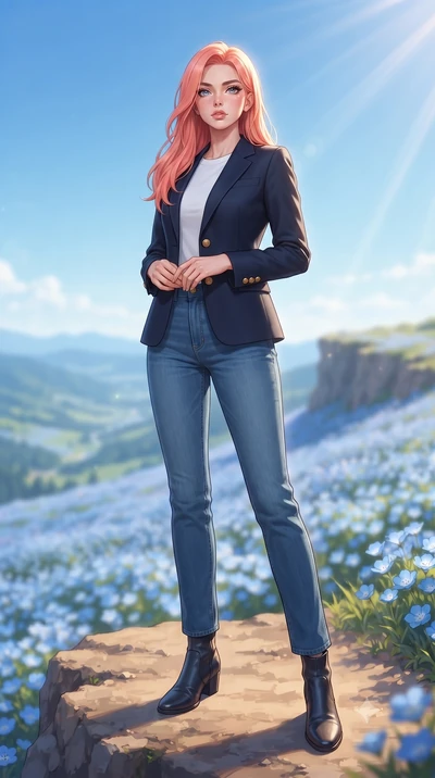 score_9, masterpiece, best quality, ultra-detailed, high-budget anime keyframe, editorial fashion photography, tasteful artistic composition, Japanese woman woman. low angle full-body shot from head to toe showing her feet, filling the entire 9:16 ve