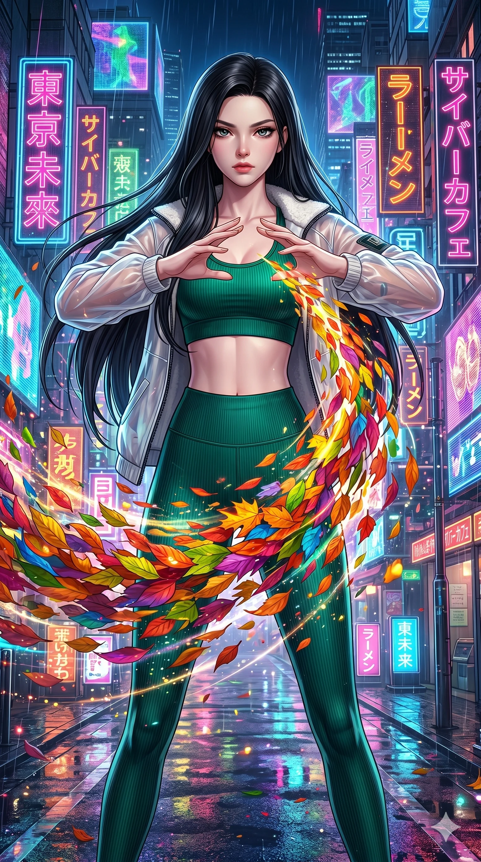 score_9, masterpiece, best quality, ultra-detailed, High-budget Anime Keyframe, beautiful Japanese anime girl. Upper body close-up from the thighs up, character filling the screen for maximum presence. Summoning a vortex of colorful leaves in a futuristic Tokyo street with neon signs. She has an absolutely perfect 8-heads proportion, an exceptionally tall and slender female figure with impossibly long slender legs and an ultra-slim waist. Sharp v-shaped jawline, high-bridge nose, intricate jewel-like eyes with depth, thick eyelashes, glossy lips with a natural sheen. Wearing a Premium Athleisure outfit: emerald ribbed sports bra and leggings set, sheer windbreaker, sleek high-performance activewear. Background is a bright and colorful environment with cinematic lighting, dynamic particle effects, and high-contrast shadows. 2k, ultra detail, master piece, 9:16 ratio