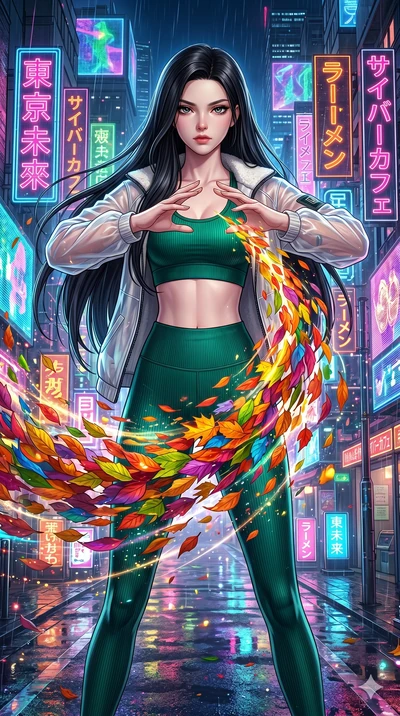 score_9, masterpiece, best quality, ultra-detailed, High-budget Anime Keyframe, beautiful Japanese anime girl. Upper body close-up from the thighs up, character filling the screen for maximum presence. Summoning a vortex of colorful leaves in a futur