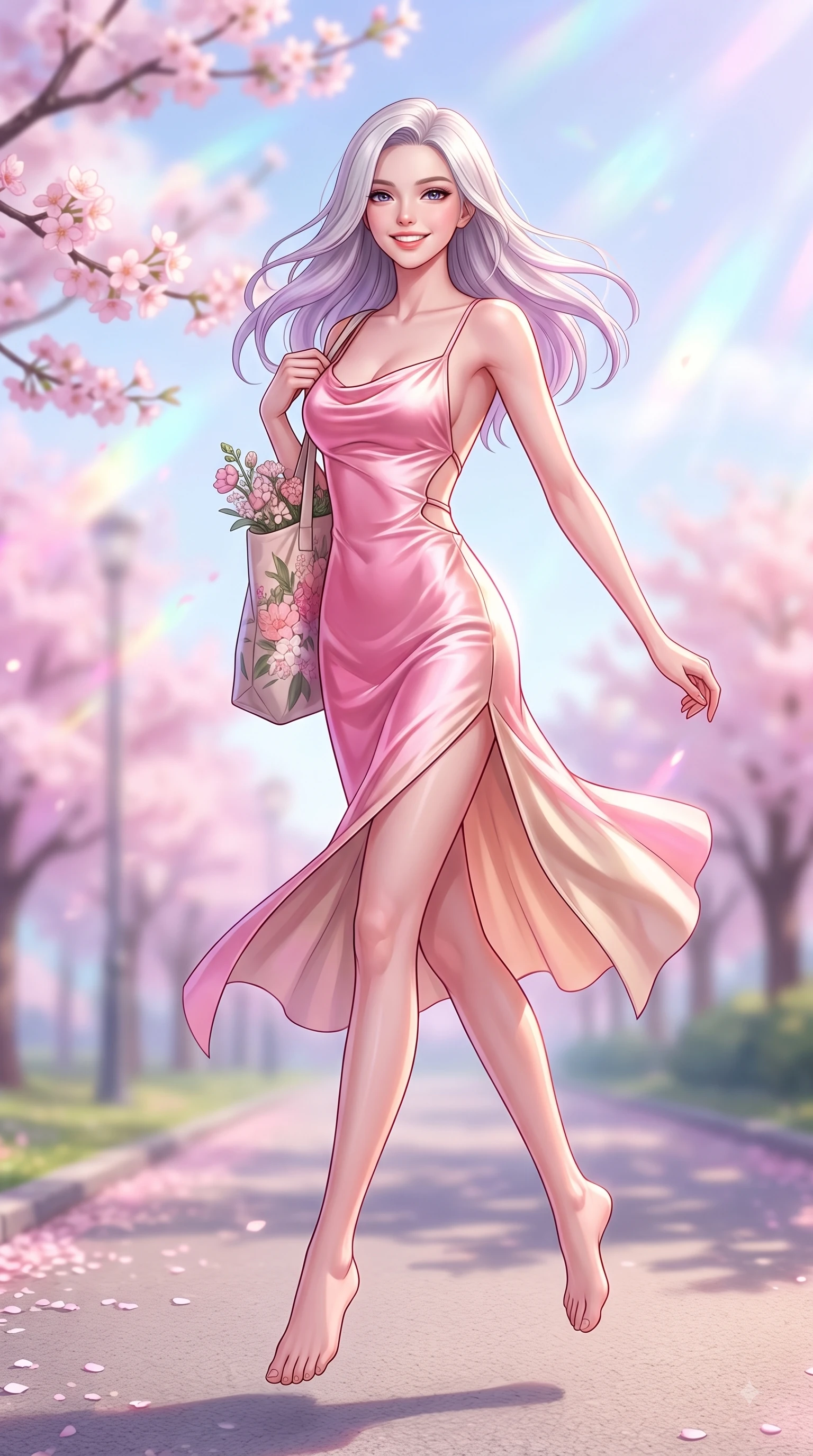 score_9, masterpiece, best quality, ultra-detailed, high-budget anime keyframe, editorial fashion photography, tasteful artistic composition, Caucasian woman. low angle full-body shot from head to toe showing her feet, filling the entire 9:16 vertical frame with her statuesque presence, stretching her vertical silhouette. leaping with pure youthful energy through the scene with a radiant bright smile, her long slender legs balanced gracefully while stepping along a paved park trail carrying a tote bag with fresh youthful charm. The composition keeps background elements in soft focus with dreamy bokeh. pastel spring sky refractions and flower branches blurred in smooth creamy depth. She has an absolutely perfect, statuesque 8.5-heads proportion, an exceptionally tall and slender model-like female figure with impossibly long slender legs and an ultra-slim waist. sharp v-shaped jawline, high-bridge nose, intricate jewel-like eyes with depth, thick eyelashes, glossy lips with a natural sheen, flawlessly proportioned anatomical accuracy, natural body alignment, perfectly sculpted elegant limbs, clean dynamic posture without body distortion. wearing a precision-fitted liquid satin slip dress with fluid draped lines and an open back in bright cherry blossom pink and champagne, made of lustrous stretch velvet, complemented by clean architectural cutouts along her slender torso, the sleek second-skin texture accentuating her magnetic presence. illuminated by soft glowing pink ambient light and clear sky refractions. highly saturated vibrant anime colors, detailed shading with soft gradients, rich glossy textures, high-contrast stereoscopic depth, volumetric dynamic lighting, master piece, 9:16 ratio