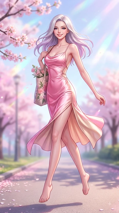 score_9, masterpiece, best quality, ultra-detailed, high-budget anime keyframe, editorial fashion photography, tasteful artistic composition, Caucasian woman. low angle full-body shot from head to toe showing her feet, filling the entire 9:16 vertica