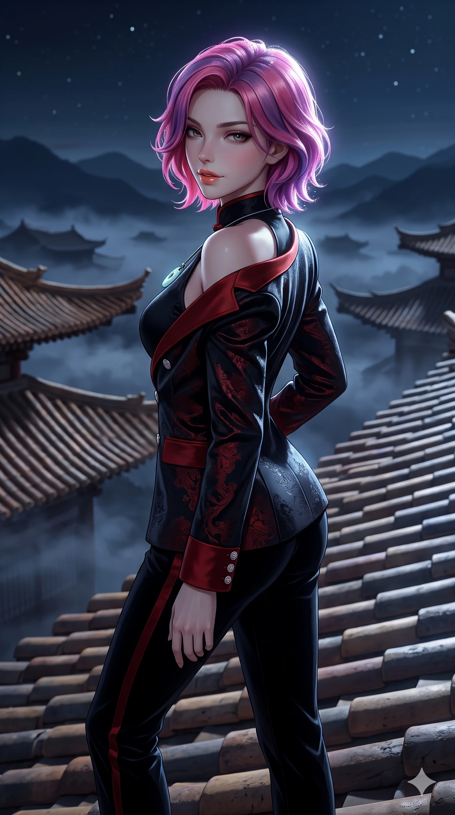 score_9, masterpiece, best quality, ultra-detailed, high-budget anime keyframe, semi-realistic 3D game render, editorial fashion photography, tasteful artistic composition, Caucasian woman. close-up cowboy shot from the waist and thighs up, the character dominates the composition, filling the frame with her large presence. posing in an alluring rear three-quarter angle, looking over a bare shoulder with parted glossy lips, her hips cocked back to highlight her slim hourglass curve while stepping slowly along the curved roof tiles with feline grace, hips swaying in an alluring sensual rhythm that accentuates her curvy hourglass build. The background shows a soft-focus repeating tiers of curved clay-tiled palace roofs, sea of nocturnal valley mist, and distant mountain silhouettes blurred into slate, indigo, and silver bokeh. She has an exceptionally elegant, slender, and willowy female figure with an ultra-slim waist, flat toned midriff, narrow ribcage, and sculpted feminine hips creating an alluring, slim hourglass silhouette without bulk. sharp v-shaped jawline, high-bridge nose, sparkling eyes with hypnotic seductive depth, thick curled eyelashes, glossy parted lips with a natural dewy peach sheen, alluring bedroom-eyes with an enchanting coquettish smile, exuding magnetic siren charisma and sophisticated glamour, flawlessly proportioned anatomical accuracy, strict slender model proportions, natural body alignment, perfectly sculpted long slender limbs, ultra-slim waistline, clean dynamic posture without body distortion. wearing a tailored double-breasted silk brocade pantsuit with mandarin collar and mother-of-pearl dragon crest buttons in midnight obsidian black and rich cinnabar red, tailored from crushed dark velvet with deep light-absorbing plush texture, finished with a minimalist celadon porcelain pendant on a fine silk cord, the impeccably tailored cut draping gracefully along her slender figure with aristocratic eastern poise. bathed in high-contrast unhindered celestial moonlight casting crisp geometric shadows across curved clay tiles. highly saturated vibrant anime colors, detailed shading with soft gradients, rich glossy textures, high-contrast stereoscopic depth, volumetric dynamic lighting, master piece, 9:16 ratio