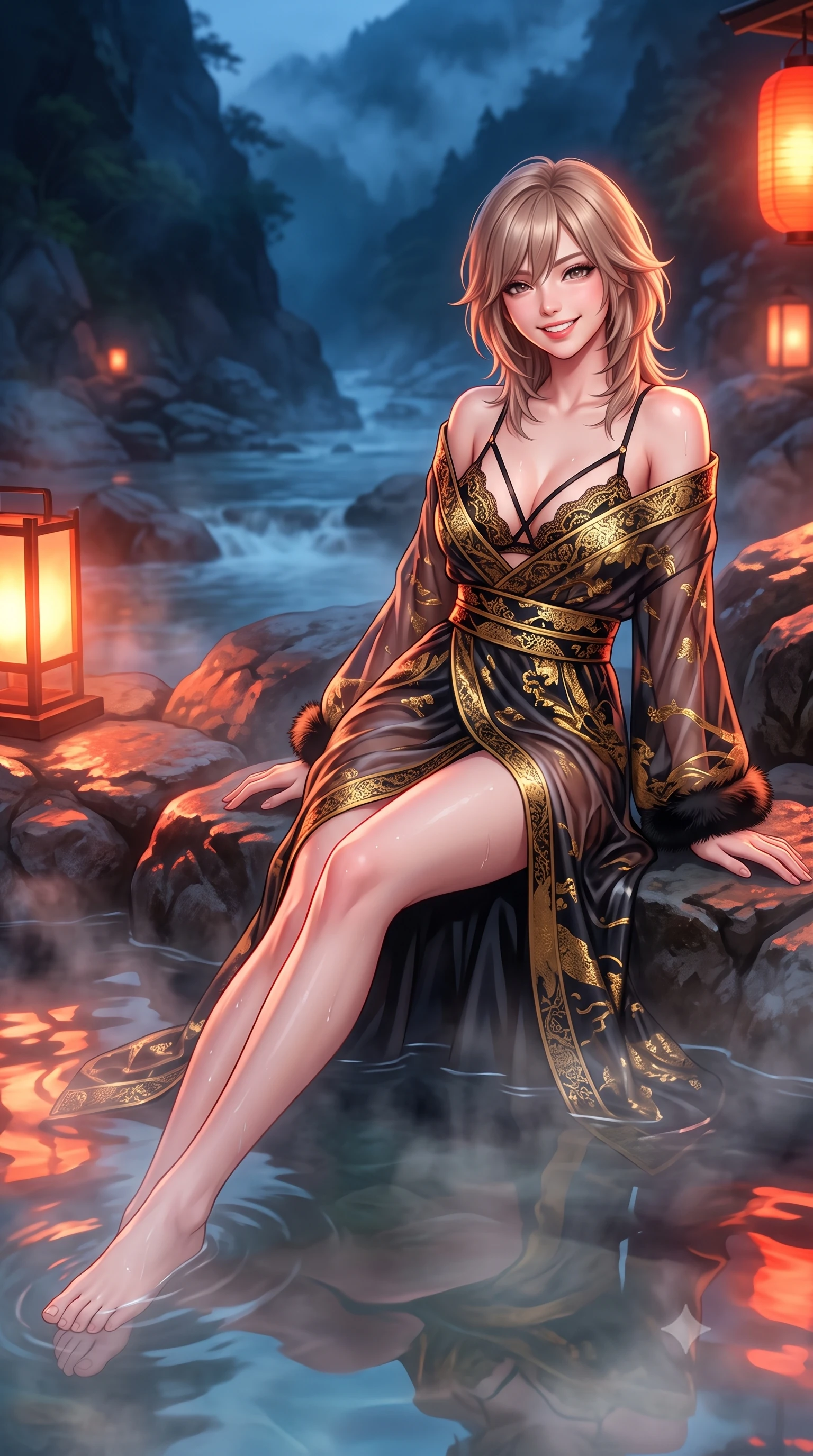 score_9, masterpiece, best quality, ultra-detailed, high-budget anime keyframe, semi-realistic 3D game render, editorial fashion photography, tasteful artistic composition, Japanese woman. low angle full-body shot from head to toe showing her feet, filling the entire 9:16 vertical frame with her statuesque presence, stretching her vertical silhouette. stepping slowly toward the camera with hypnotic grace, hips swaying in an alluring sensual rhythm that accentuates her curvy hourglass silhouette and long slender legs while lounging gracefully in the steaming thermal pool propped on the riverbank rock with legs extended, her statuesque 8.5-heads silhouette commanding the gorge. The surrounding environment is rendered in vivid detail and crisp panoramic clarity: detailed ethereal translucent silk chiffon yukata robe slipping off bare shoulders, strappy underwire bralette cling, and traditional craft in razor-sharp precision. She has an exceptionally tall and slender model-like 8.5-heads proportion, an ultra-slim waist, a flat toned midriff, narrow delicate ribcage, and beautifully sculpted feminine hips creating a graceful, slim hourglass silhouette without any bulky heaviness, with impossibly long slender legs. sharp v-shaped jawline, high-bridge nose, intricate jewel-like sparkling eyes with depth, thick eyelashes, glossy parted lips with a natural peach sheen, bright cheerful beaming smile with an enchanting and coquettish sensual glint, exuding both youthful cute charm and seductive allure, flawlessly proportioned anatomical accuracy, strict slender model proportions, natural body alignment, perfectly sculpted long slender limbs, ultra-slim waistline, clean dynamic posture without body distortion. wearing a delicate translucent cashmere-gauze boudoir robe with faux-fur trimmed cuffs slipping off bare shoulders over a strappy lace bralette in Shanghai noir black and imperial 24k gold, crafted from fluid liquid silk satin that clings smoothly to her narrow waist and rounded hips with a dewy sheen, complemented by strappy stiletto sandals with crystal ankle wraps accentuating her slender calves, the high-slit wrap tailoring accentuating her ultra-slim waistline and the enchanting curve of her feminine hips with alluring seductive charm. bathed in the romantic vermilion-and-gold 2300K lantern glows contrasted with cool deep-blue mountain mist. highly saturated vibrant anime colors, detailed shading with soft gradients, rich glossy textures, high-contrast stereoscopic depth, volumetric dynamic lighting, master piece, 9:16 ratio