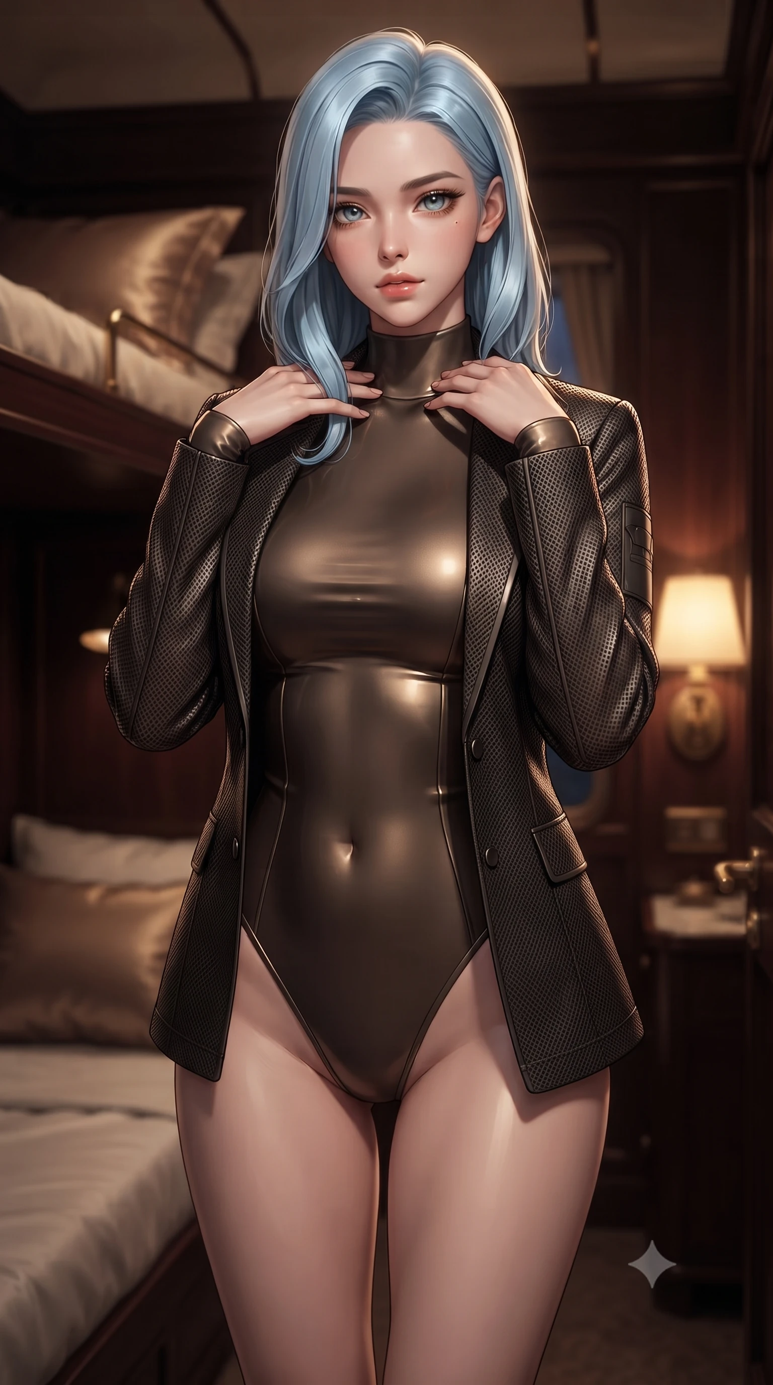 score_9, masterpiece, best quality, ultra-detailed, high-budget anime keyframe, editorial fashion photography, tasteful artistic composition, Korean woman. close-up cowboy shot from the waist and thighs up, the character dominates the composition, filling the frame with her large presence, background elements kept in soft focus. standing in a relaxed, elegant posture with both hands resting lightly on her collarbone, looking at the viewer with bedroom-eyes, the background shows a soft-focus a luxury train sleeper cabin with dark mahogany panels and silk pillows. She has an exceptionally elegant, slender, and willowy female figure with an ultra-slim waist, a gracefully sculpted slender torso, and a refined silhouette. sharp v-shaped jawline, high-bridge nose, intricate jewel-like eyes with depth, thick eyelashes, glossy lips with a natural sheen. wearing a slim-fit form-fitting high-neck bodysuit in dark bronze, worn under a tailored open carbon-mesh tactical jacket. warm golden lamplight casting cozy, intimate shadows on her outfit. ultra-reflective glossy finish, specular highlights, metallic sheen, high-contrast stereoscopic depth, volumetric dynamic lighting, 2k, ultra detail, master piece, 9:16 ratio