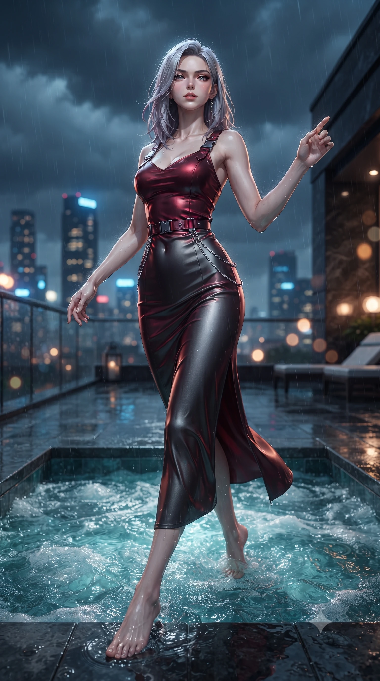 score_9, masterpiece, best quality, ultra-detailed, high-budget anime keyframe, editorial fashion photography, tasteful artistic composition, Caucasian woman. low angle full-body shot from head to toe showing her feet, filling the entire 9:16 vertical frame with her statuesque presence, stretching her vertical silhouette. navigating the private sanctuary with an effortless, graceful stride, immersed to the waist in bubbling jacuzzi water under a midnight stormy sky, distant skyscraper lights forming soft amber and blue bokeh in the background. She has an absolutely perfect, statuesque 8.5-heads proportion, an exceptionally tall and slender model-like female figure with impossibly long slender legs and an ultra-slim waist. sharp v-shaped jawline, high-bridge nose, intricate jewel-like eyes with depth, thick eyelashes, glossy lips with a natural sheen. wearing form-contouring dark crimson liquid silk long slip dress in dark charcoal gray, made of soft crimson satin, framed by dark titanium buckles and silver chain details, sculpting her athletic slender build with refined precision. surrounded by a cool rain-soaked ambiance with sharp rim highlights. ultra-reflective glossy finish, specular highlights, metallic sheen, high-contrast stereoscopic depth, volumetric dynamic lighting, 2k, ultra detail, master piece, 9:16 ratio