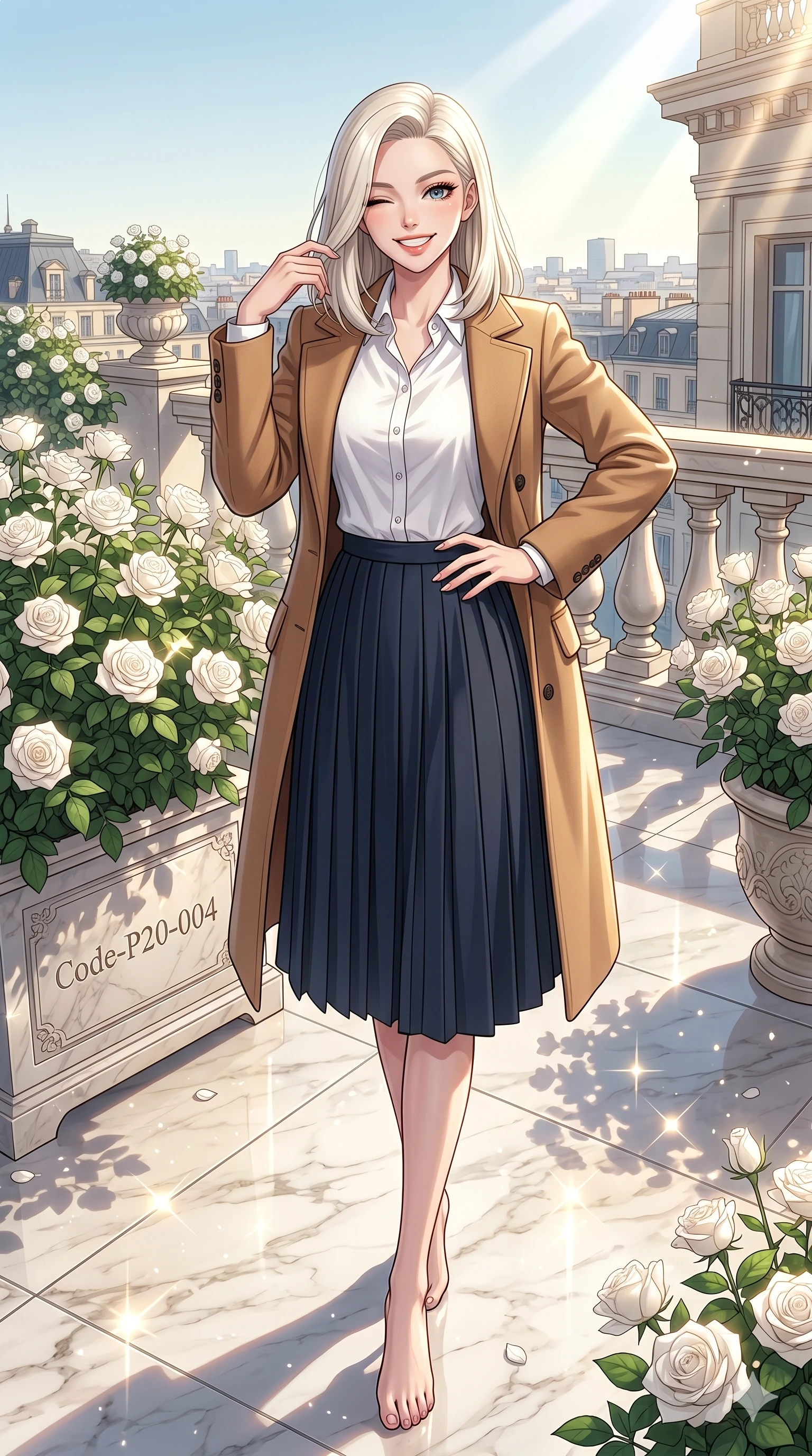 score_9, masterpiece, best quality, ultra-detailed, high-budget anime keyframe, vibrant anime aesthetic, Caucasian woman, strictly human ears. low angle full-body shot from head to toe showing her feet, filling the entire 9:16 vertical frame with her statuesque presence, stretching her vertical silhouette. She is posing with a playful wink and a delightful grin, looking directly at the viewer on a luxury hotel rooftop terrace decorated with white roses, under a bright afternoon sun (Code-P20-004). She has an absolutely perfect 8-heads proportion, an exceptionally tall and slender female figure with impossibly long slender legs and an ultra-slim waist. V-shaped jawline, high-bridge nose, intricate jewel-like eyes with depth, thick eyelashes, glossy lips with a natural sheen. wearing a structured wool coat over a silk button-up shirt and pleated midi skirt. She is illuminated by direct, sparkling sunbeams reflecting off the polished marble floor. 2k, ultra detail, master piece, 9:16 ratio