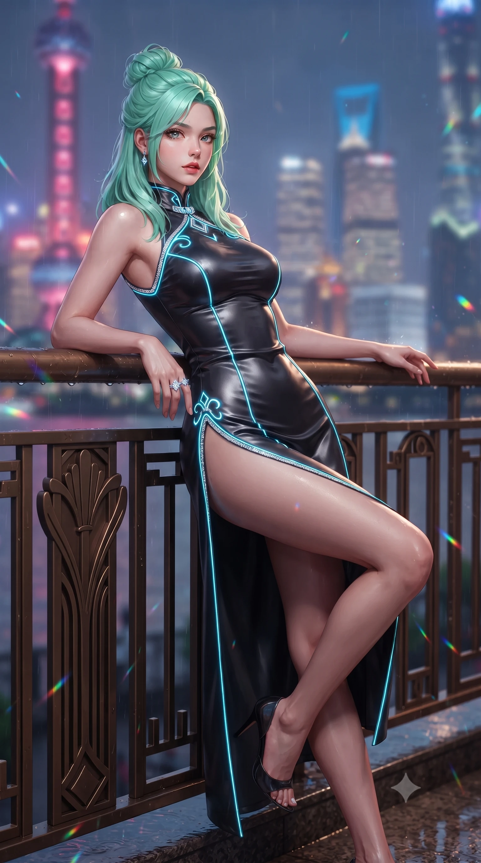 score_9, masterpiece, best quality, ultra-detailed, high-budget anime keyframe, editorial fashion photography, tasteful artistic composition, Japanese woman. low angle full-body shot from head to toe showing her feet, filling the entire 9:16 vertical frame with her statuesque presence, stretching her vertical silhouette. reclining on her side in an elegant Cleopatra pose with one knee drawn up, the dramatic contour of her rounded hips and long slender legs commanding the 9:16 vertical frame while leaning deep against the ornate art deco bronze balcony railing with hips cocked back, looking over her shoulder as Pudong's neon towers blaze across the river. The composition keeps background elements in soft focus with creamy bokeh. rain-slicked balcony reflections and neon light streaks scattering vivid chromatic light motes. She has an exceptionally tall and slender model-like 8.5-heads proportion, an ultra-slim waist, a flat toned midriff, narrow delicate ribcage, and beautifully sculpted feminine hips creating a graceful, slim hourglass silhouette without any bulky heaviness, with impossibly long slender legs. sharp v-shaped jawline, high-bridge nose, intricate jewel-like eyes with depth, thick eyelashes, glossy parted lips with a natural sheen, intensely captivating and seductive bedroom-eyes expression, flawlessly proportioned anatomical accuracy, strict slender model proportions, natural body alignment, perfectly sculpted long slender limbs, ultra-slim waistline, clean dynamic posture without body distortion. wearing a modernized cyber-qipao mini dress with an ultra-high side slit ascending to the hip and glowing piping in pitch-black velvet with diamond crystal trim, tailored from ultra-smooth duchess satin with a pearlescent sheen, complemented by a bold geometric choker and sparkling cocktail ring, the form-contouring material adhering flawlessly to her sculpted flat midriff and slender torso, emphasizing her long leg lines and perfectly proportioned willowy build. surrounded by a sovereign, enigmatic, and breathlessly seductive Shanghai heiress aura. ultra-reflective glossy finish, specular highlights, rich textural contrasts, high-contrast stereoscopic depth, volumetric dynamic lighting, 2k, ultra detail, master piece, 9:16 ratio
