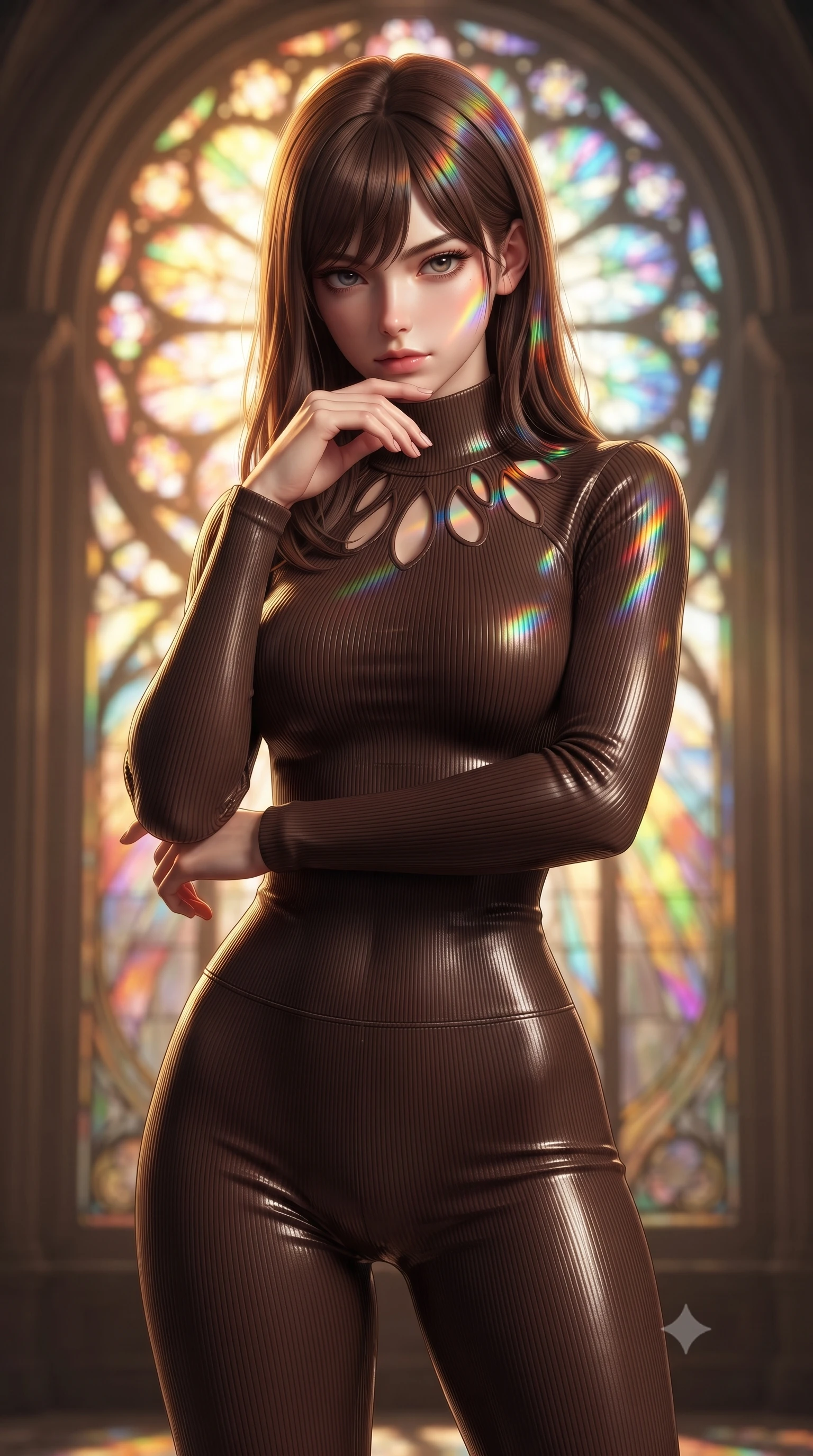 score_9, masterpiece, best quality, ultra-detailed, high-budget anime keyframe, editorial fashion photography, tasteful artistic composition, Korean woman. close-up cowboy shot from the waist and thighs up, the character dominates the composition, filling the frame with her large presence, background elements kept in soft focus. Resting her chin on the backs of her fingers, casting a sharp, mysterious gaze standing before a monumental Art Nouveau stained glass rose window, vibrant rainbow light patterns projected across her skin and costume. She has an exceptionally elegant, slender, and willowy female figure with an ultra-slim waist, a gracefully sculpted slender torso, and a refined silhouette. sharp v-shaped jawline, high-bridge nose, intricate jewel-like eyes with depth, thick eyelashes, glossy lips with a natural sheen. wearing a form-fitting ribbed activewear set in espresso brown with elegant collar cutouts, the glove-like fit emphasizing her statuesque silhouette. illuminated by a warm golden key light and brilliant multi-color rim light. ultra-reflective glossy finish, specular highlights, metallic sheen, high-contrast stereoscopic depth, volumetric dynamic lighting, 2k, ultra detail, master piece, 9:16 ratio